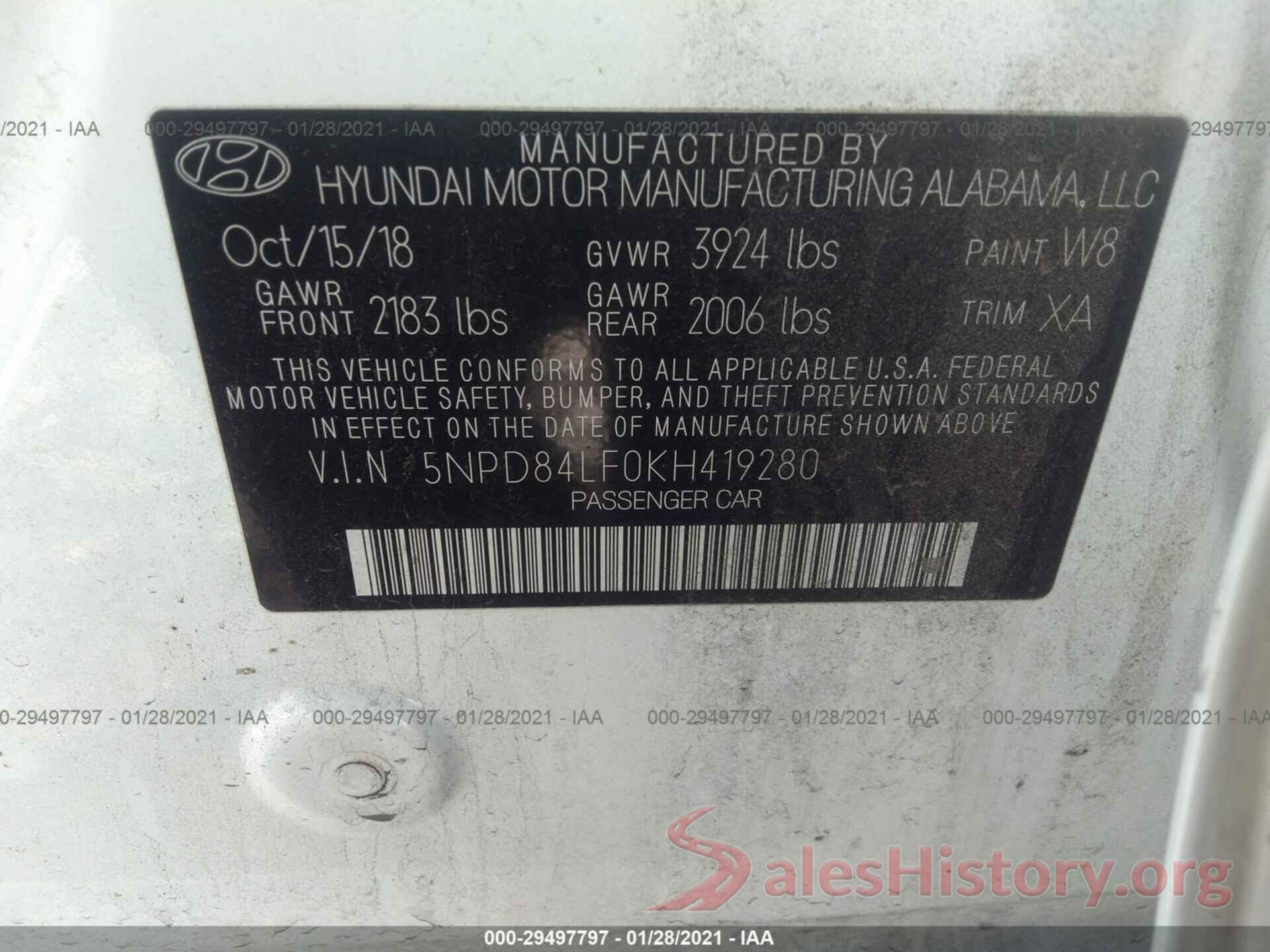 5NPD84LF0KH419280 2019 HYUNDAI ELANTRA