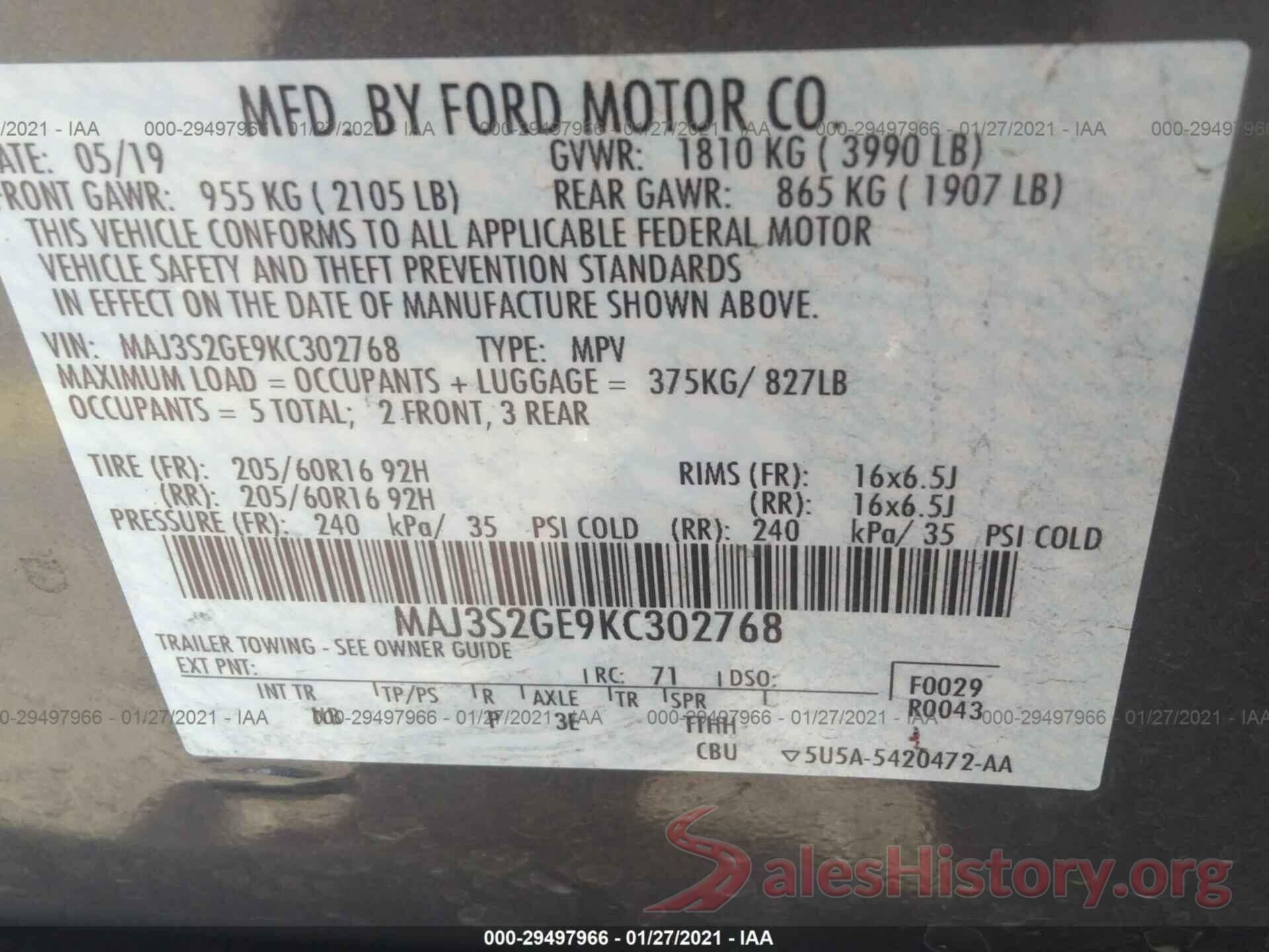 MAJ3S2GE9KC302768 2019 FORD ECOSPORT