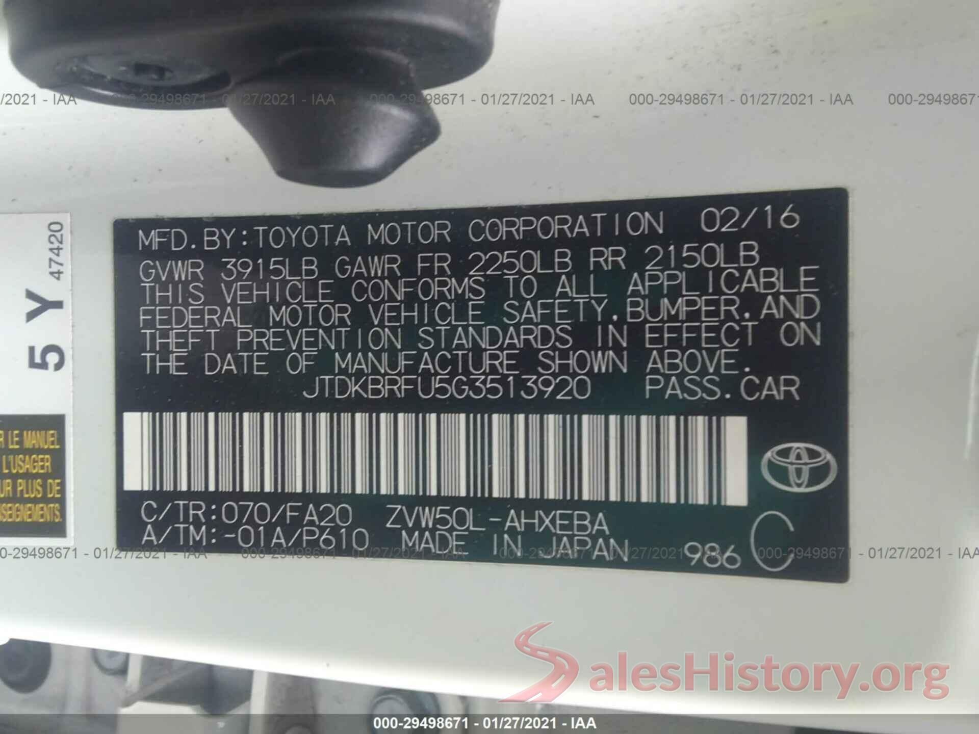 JTDKBRFU5G3513920 2016 TOYOTA PRIUS