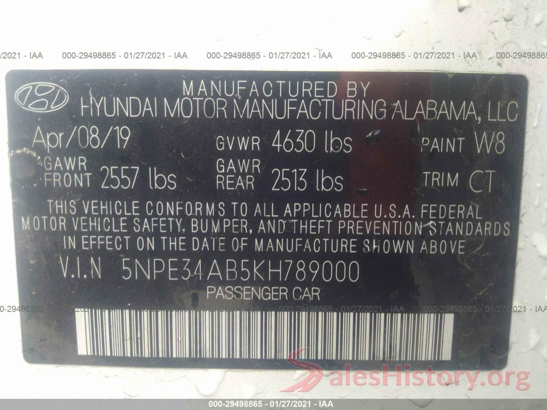 5NPE34AB5KH789000 2019 HYUNDAI SONATA