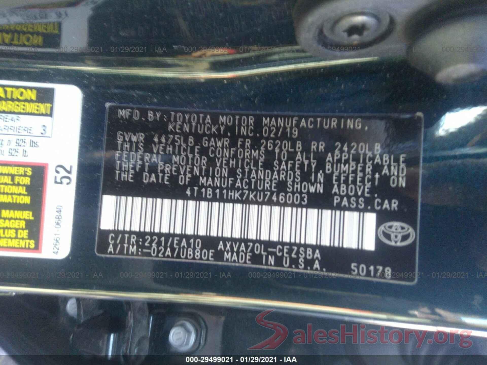 4T1B11HK7KU746003 2019 TOYOTA CAMRY