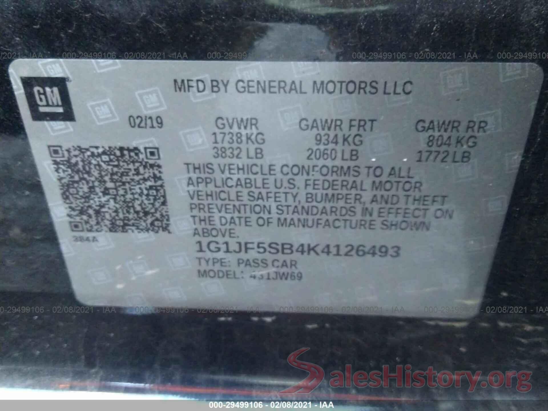 1G1JF5SB4K4126493 2019 CHEVROLET SONIC