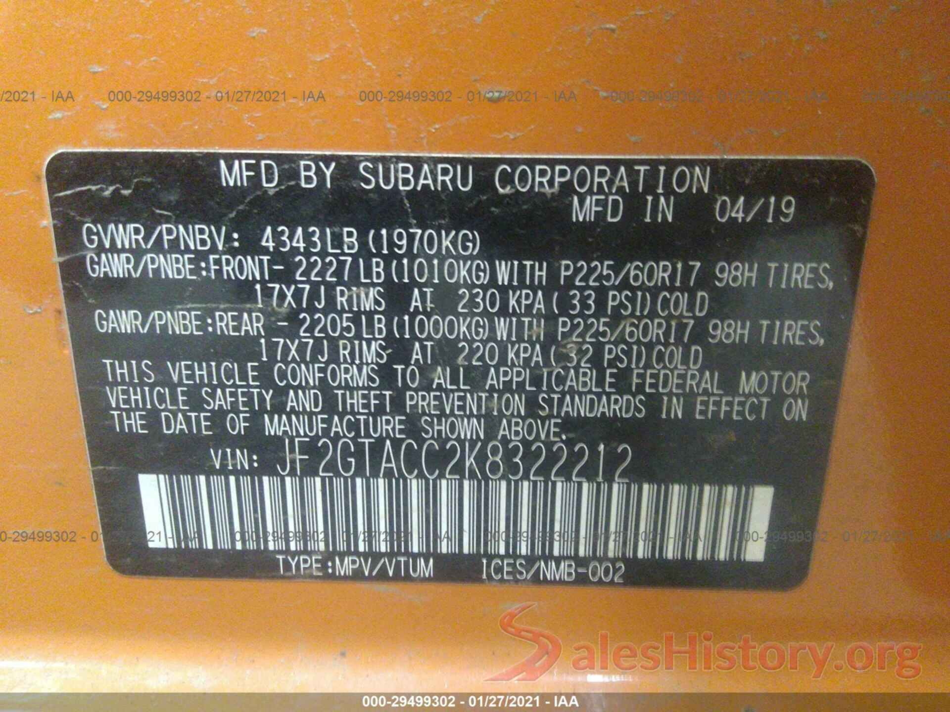 JF2GTACC2K8322212 2019 SUBARU CROSSTREK