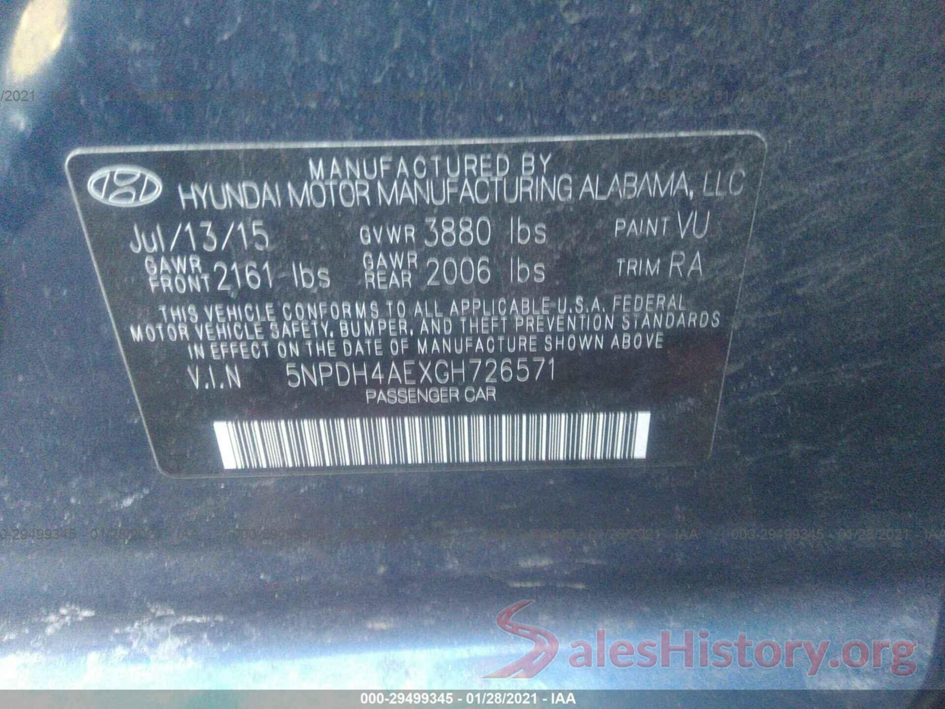 5NPDH4AEXGH726571 2016 HYUNDAI ELANTRA