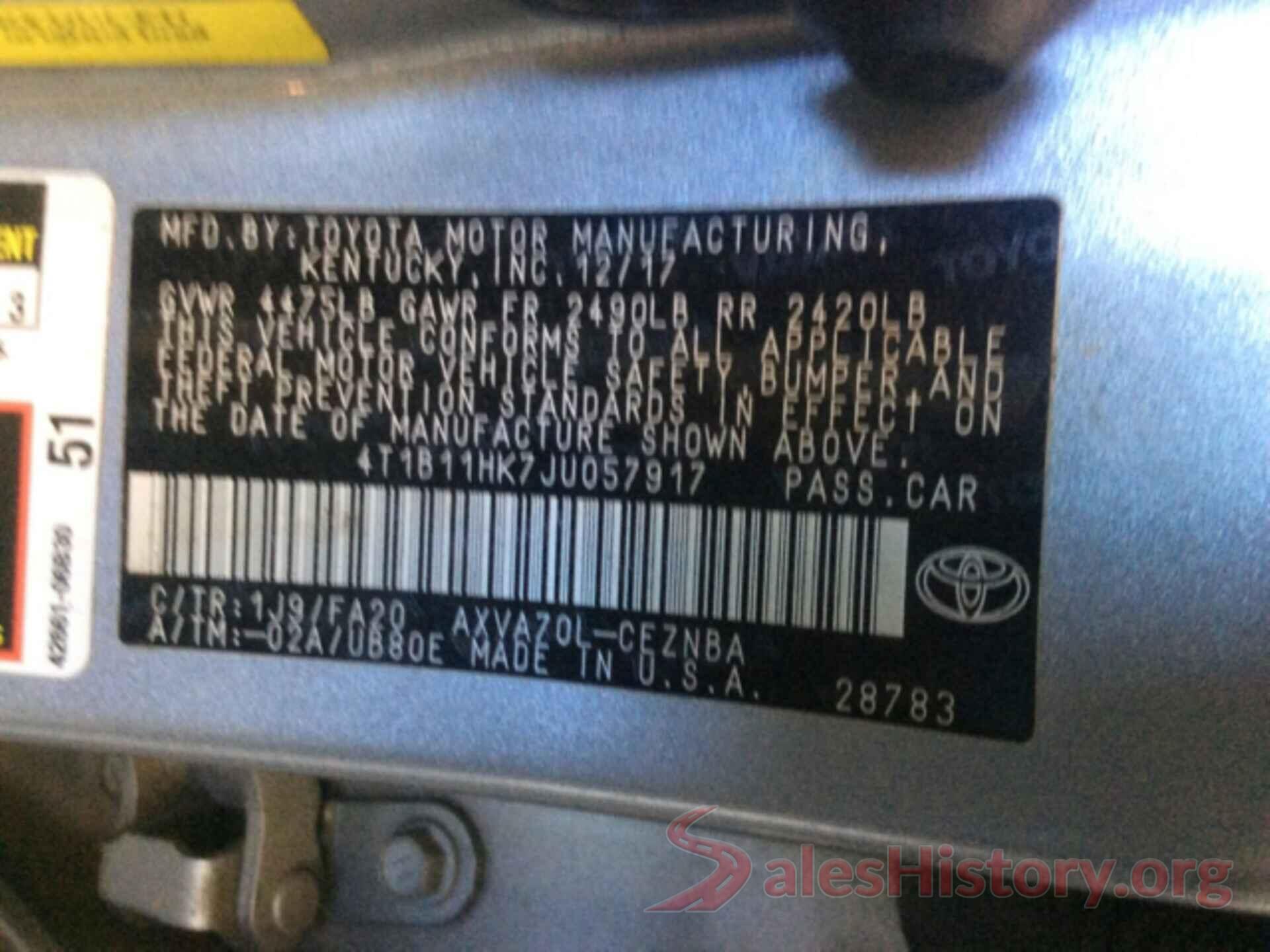 4T1B11HK7JU057917 2018 TOYOTA CAMRY