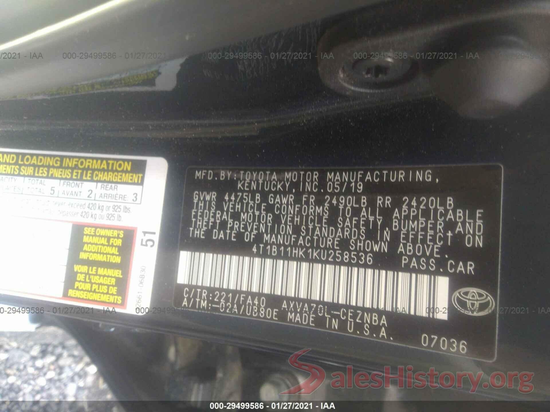 4T1B11HK1KU258536 2019 TOYOTA CAMRY