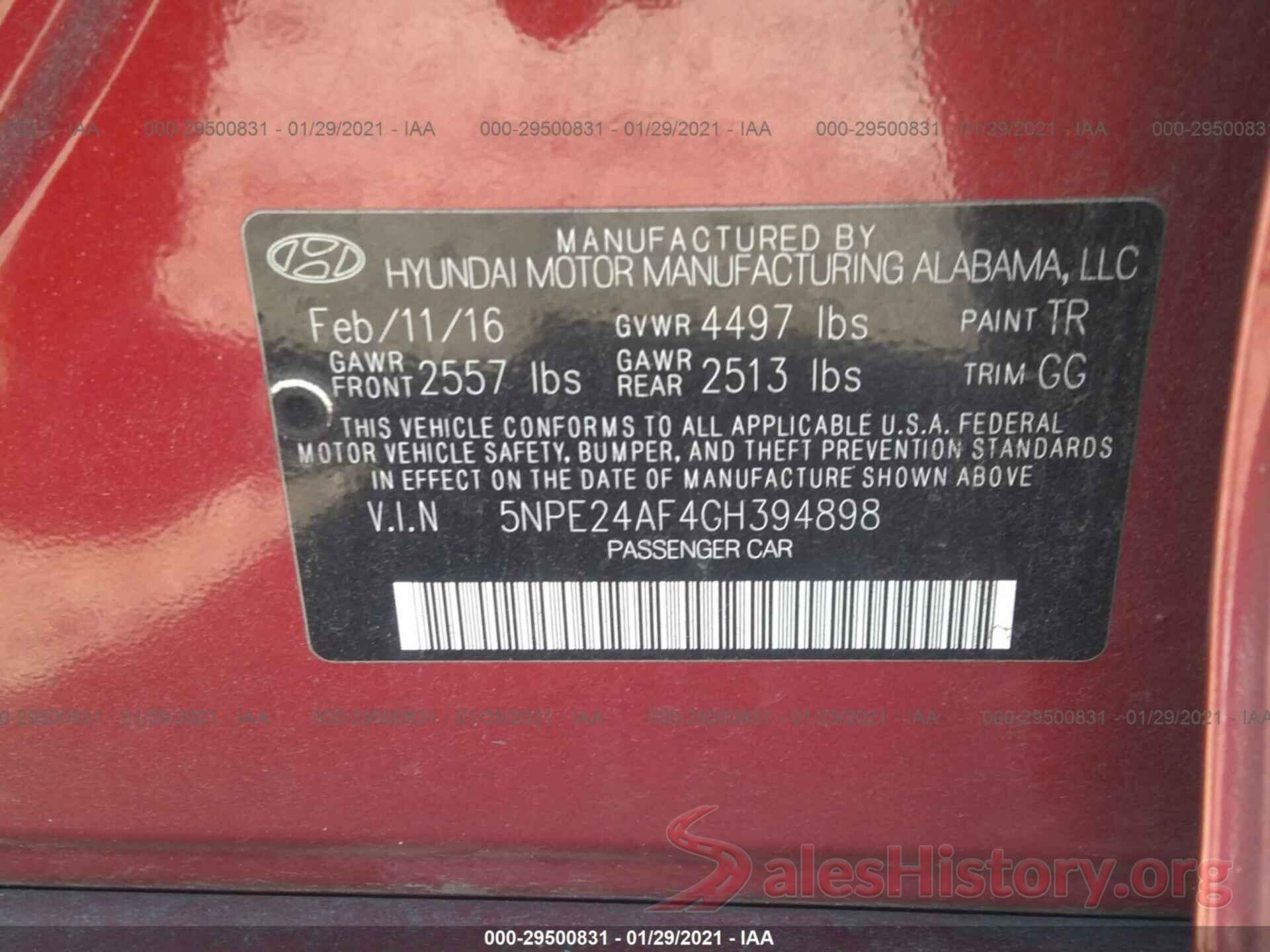 5NPE24AF4GH394898 2016 HYUNDAI SONATA