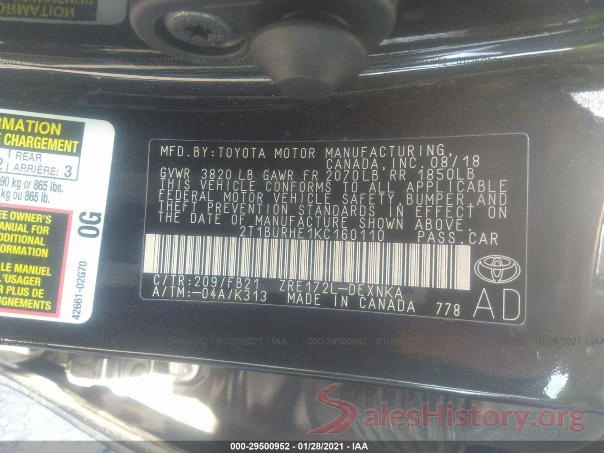 2T1BURHE1KC160110 2019 TOYOTA COROLLA