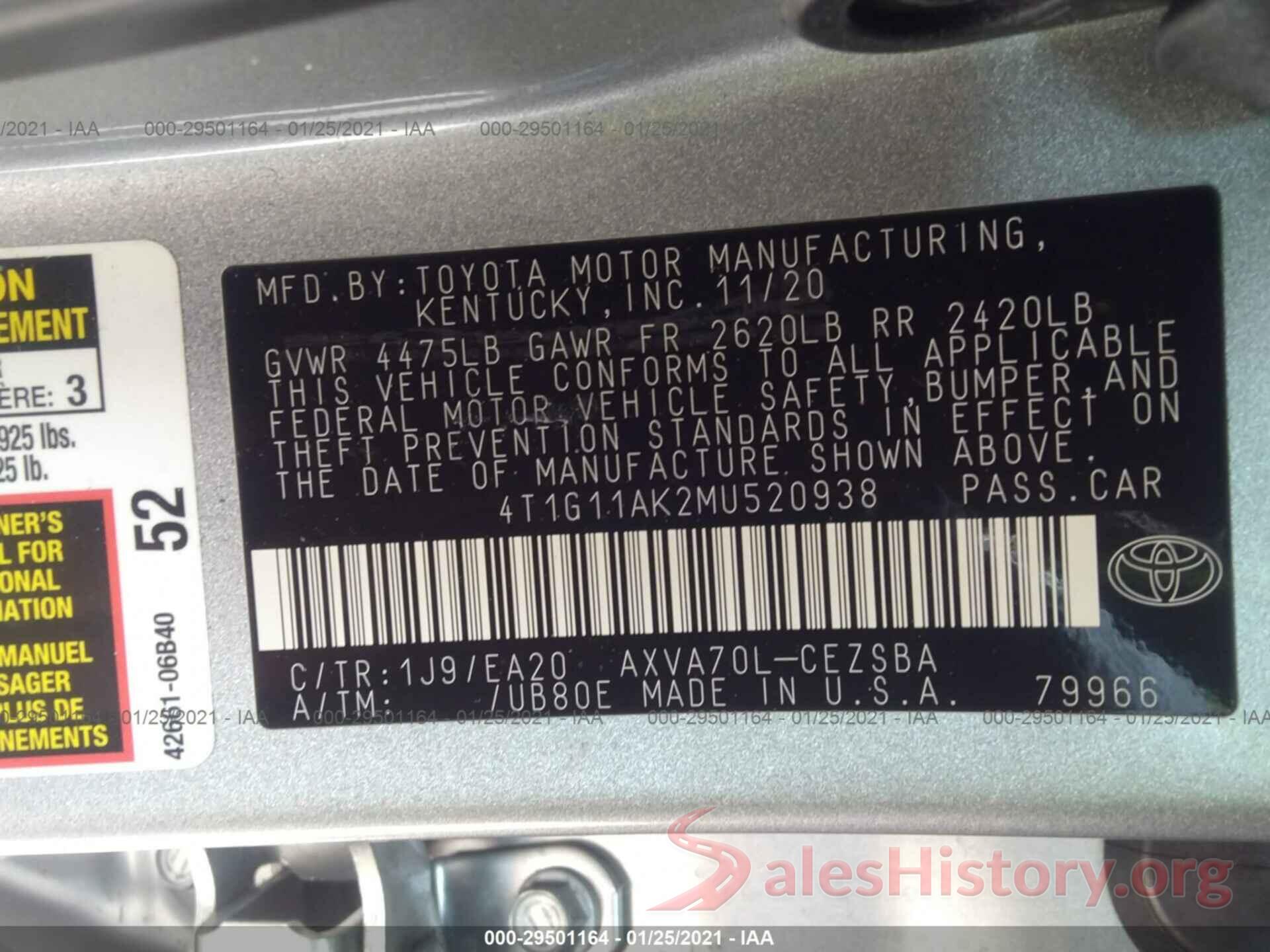 4T1G11AK2MU520938 2021 TOYOTA CAMRY