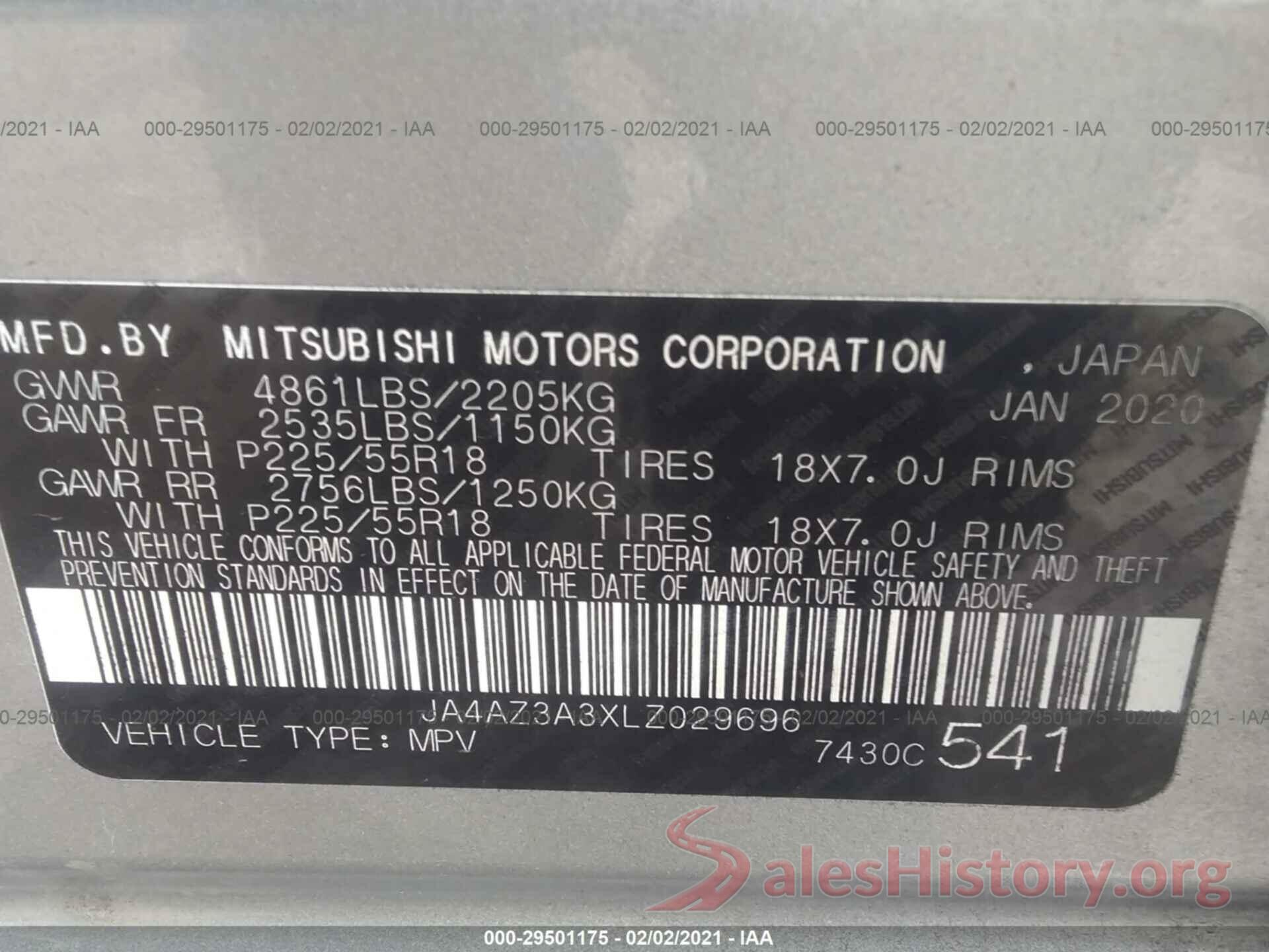 JA4AZ3A3XLZ029696 2020 MITSUBISHI OUTLANDER