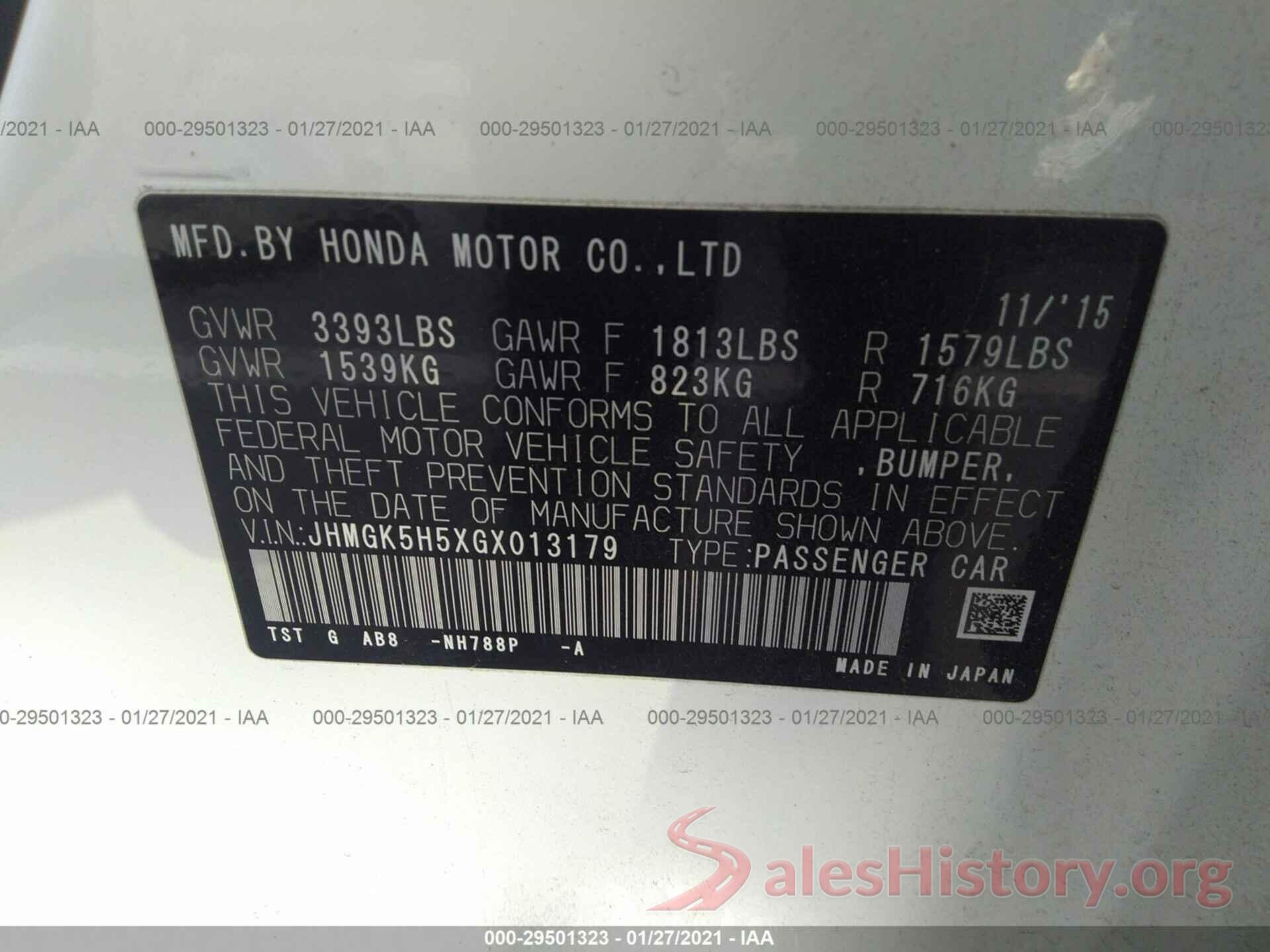 JHMGK5H5XGX013179 2016 HONDA FIT