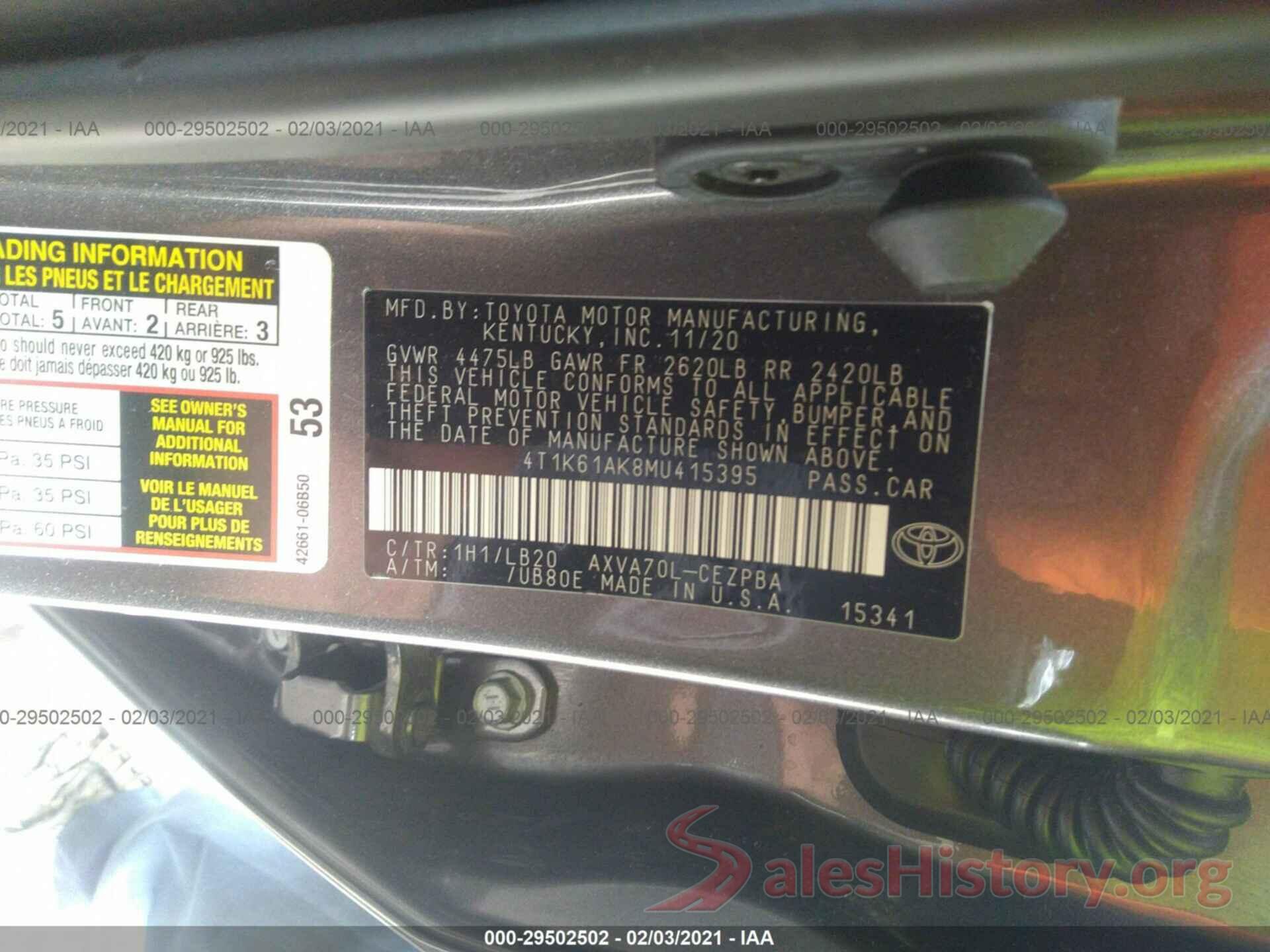 4T1K61AK8MU415395 2021 TOYOTA CAMRY