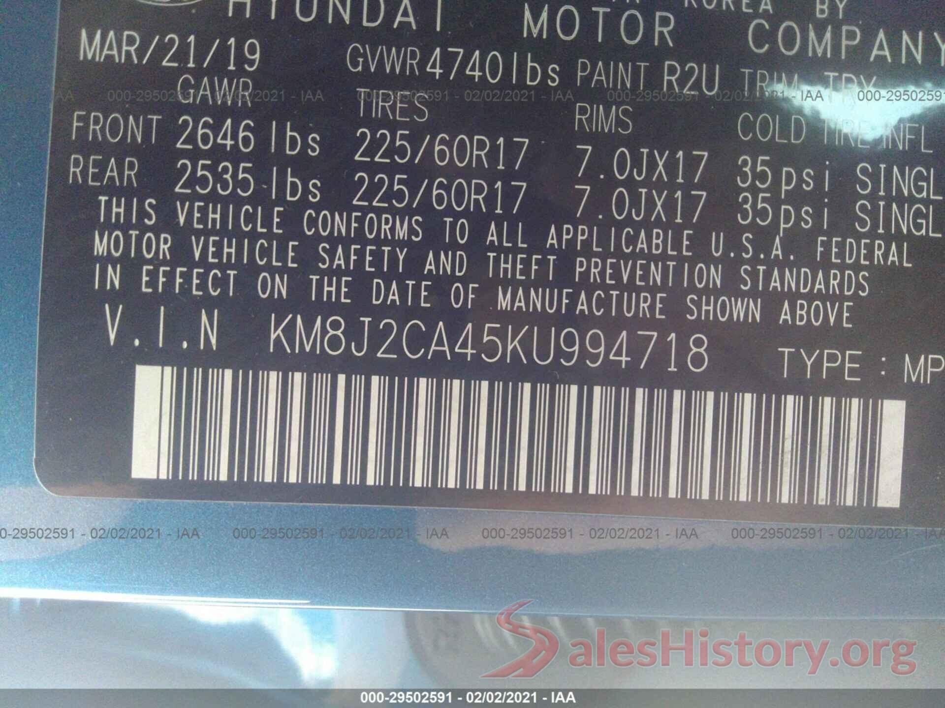 KM8J2CA45KU994718 2019 HYUNDAI TUCSON