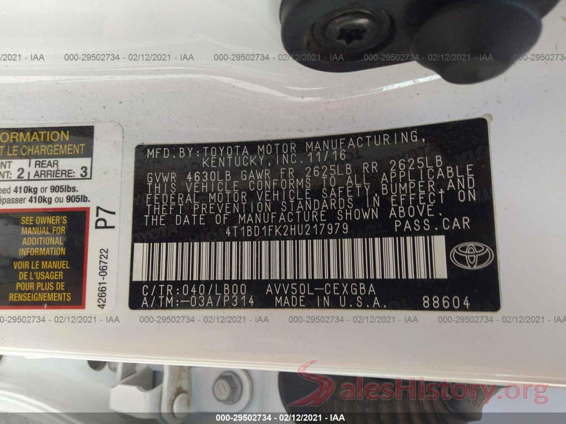 4T1BD1FK2HU217979 2017 TOYOTA CAMRY