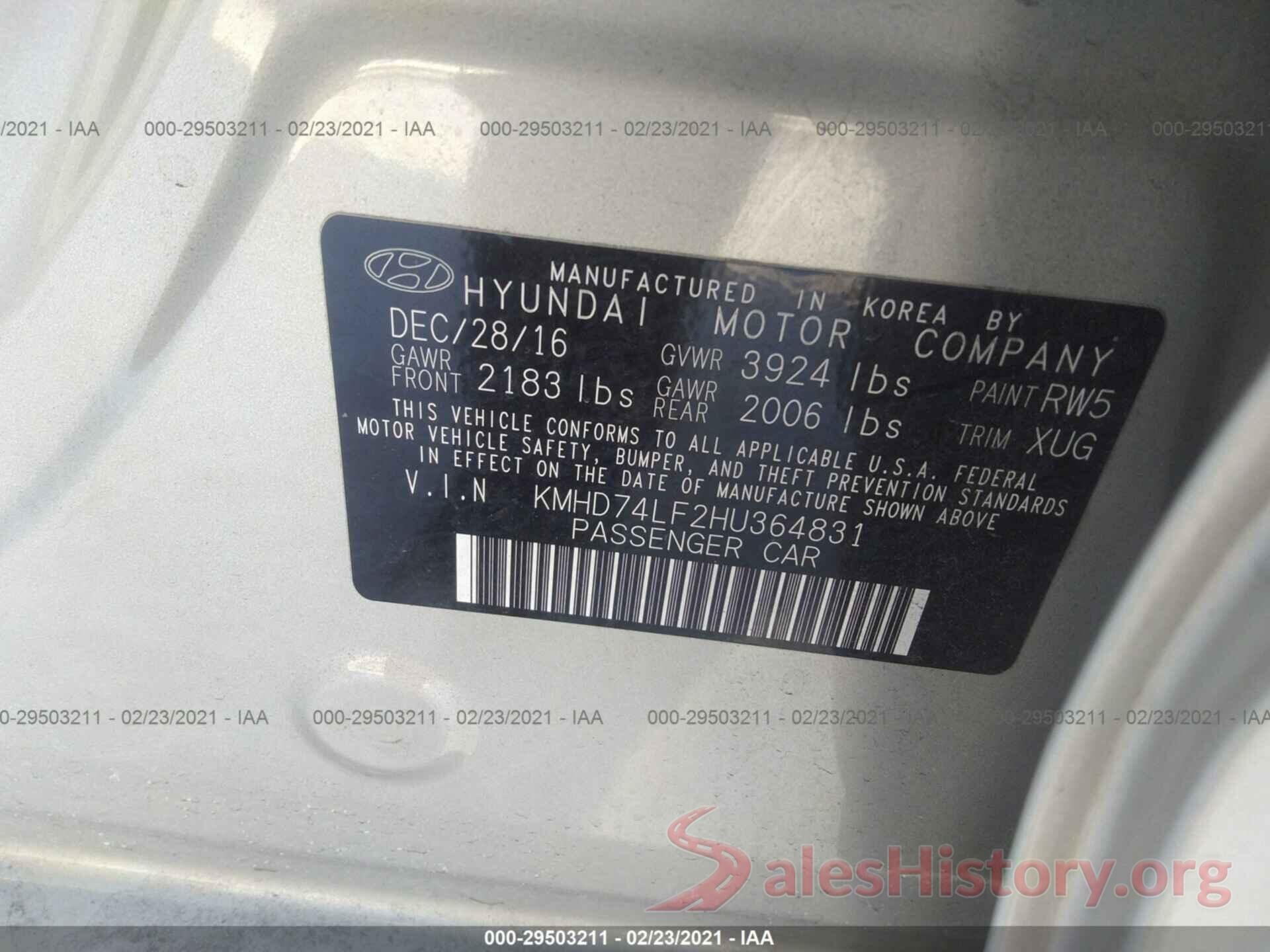 KMHD74LF2HU364831 2017 HYUNDAI ELANTRA