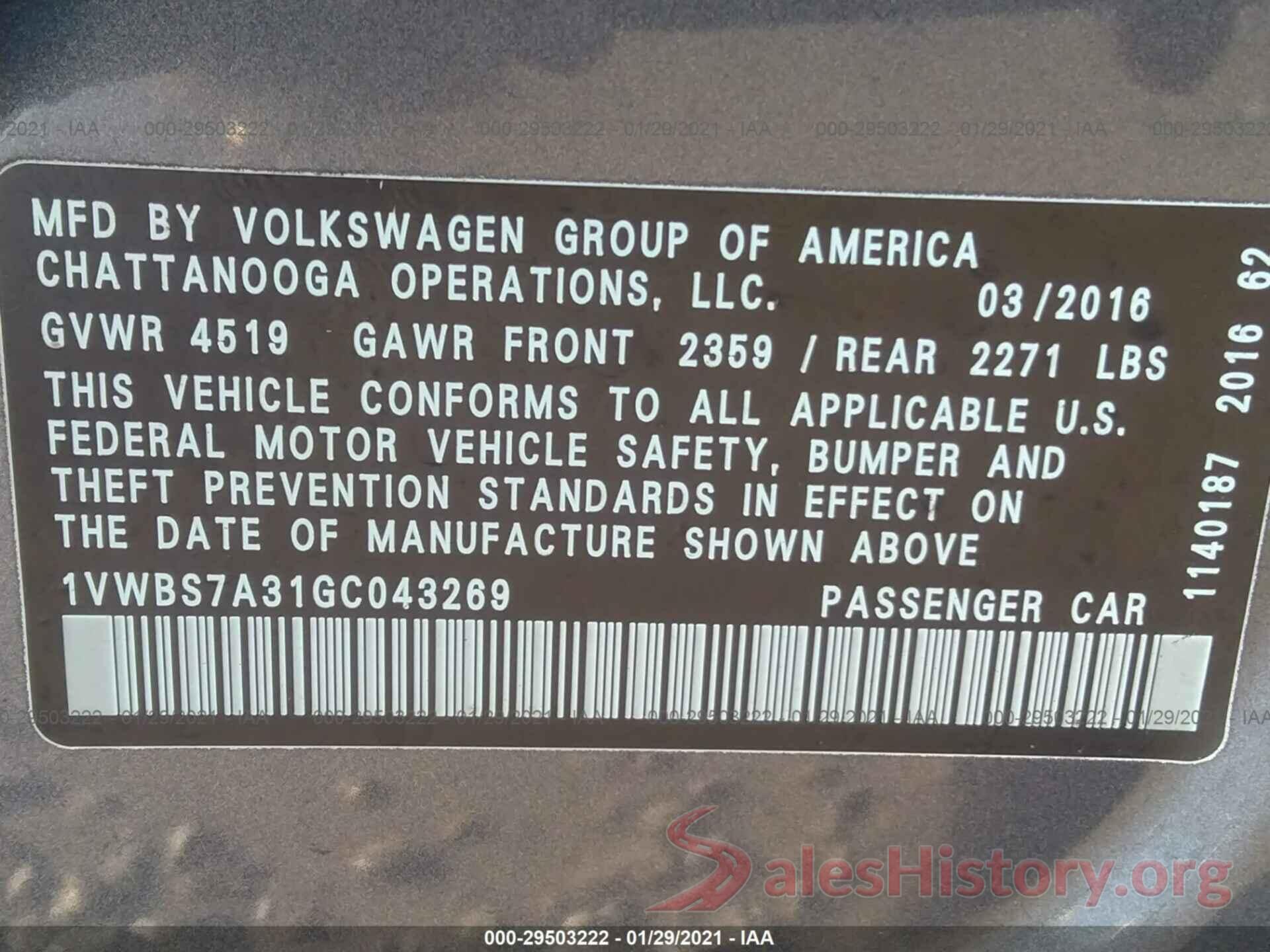 1VWBS7A31GC043269 2016 VOLKSWAGEN PASSAT