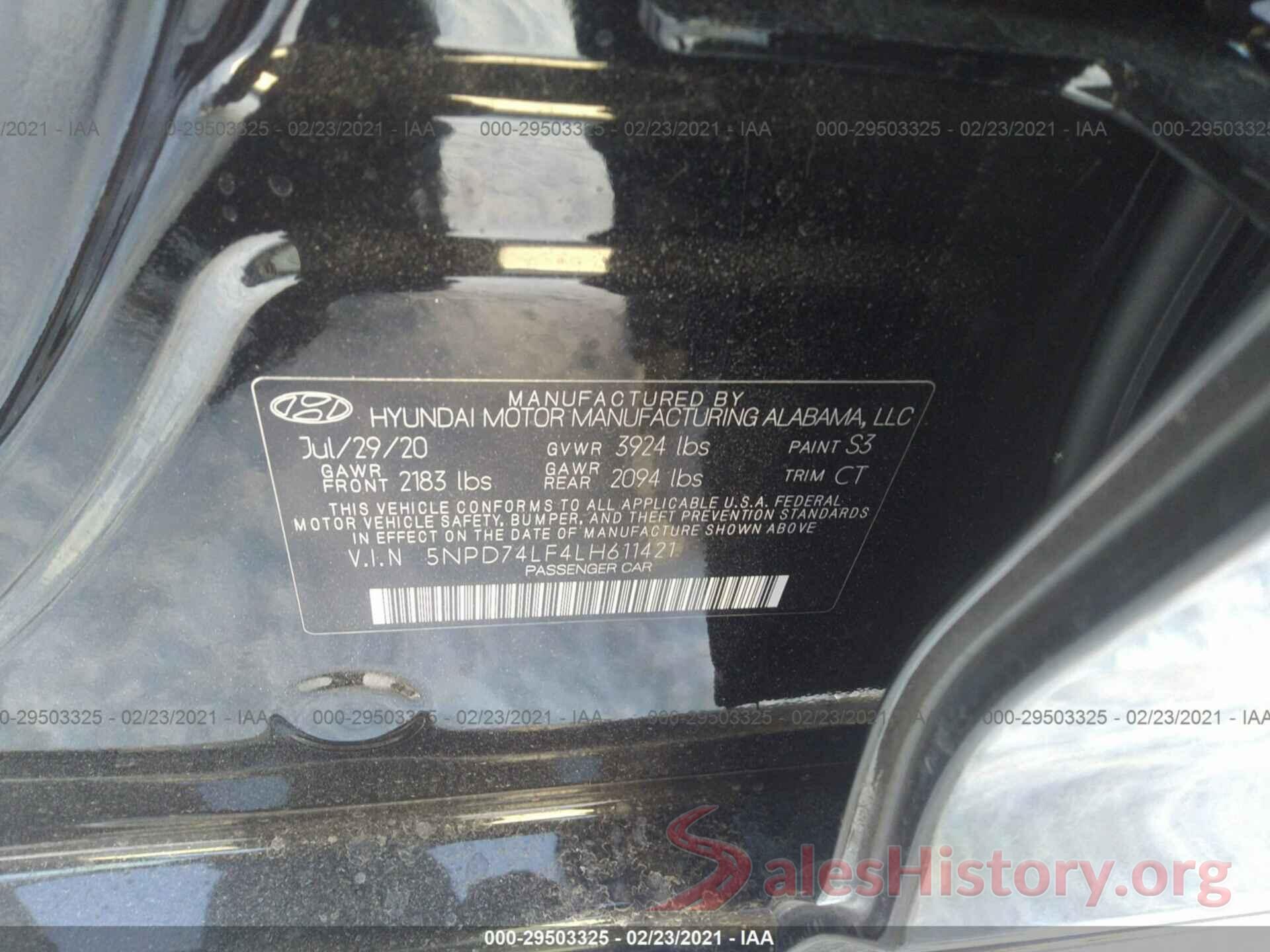 5NPD74LF4LH611421 2020 HYUNDAI ELANTRA