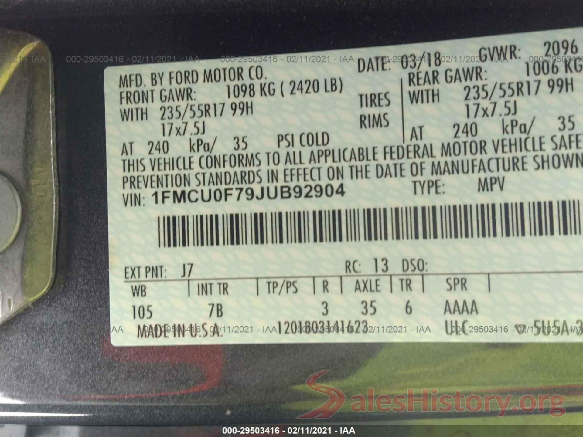 1FMCU0F79JUB92904 2018 FORD ESCAPE