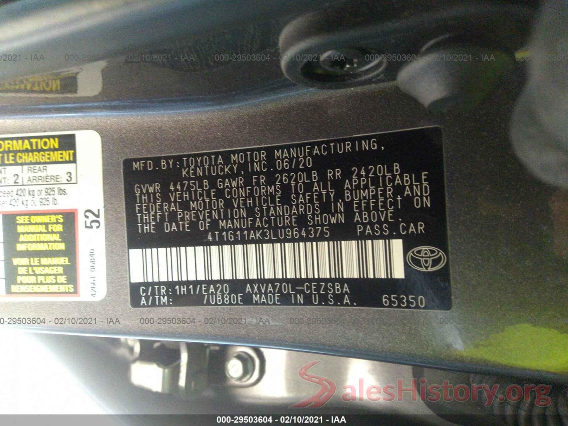 4T1G11AK3LU964375 2020 TOYOTA CAMRY