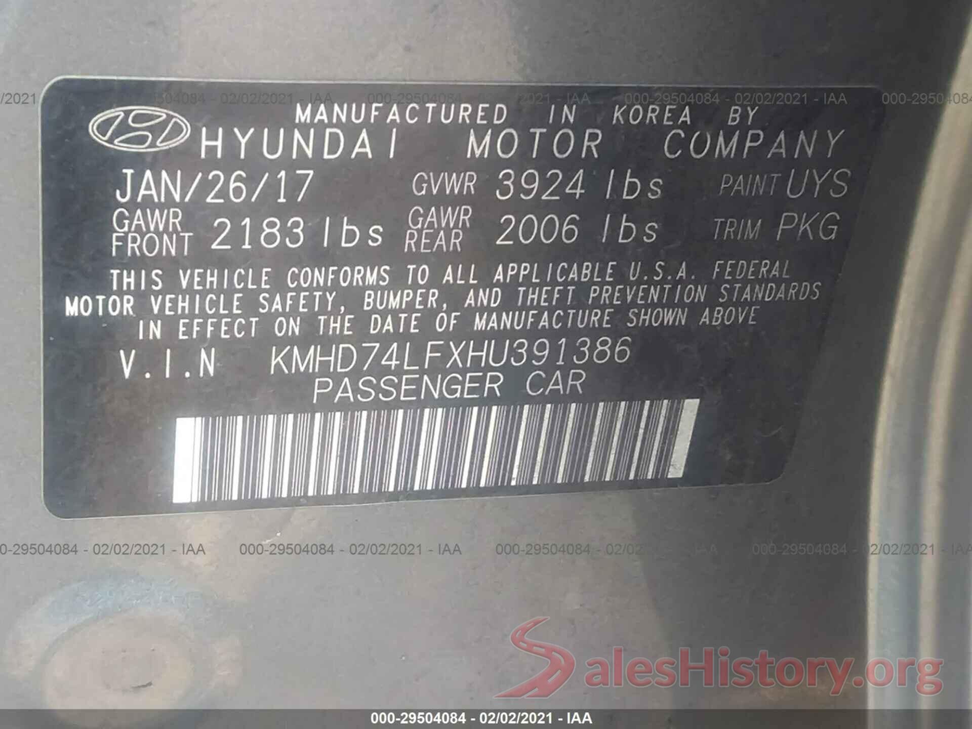 KMHD74LFXHU391386 2017 HYUNDAI ELANTRA