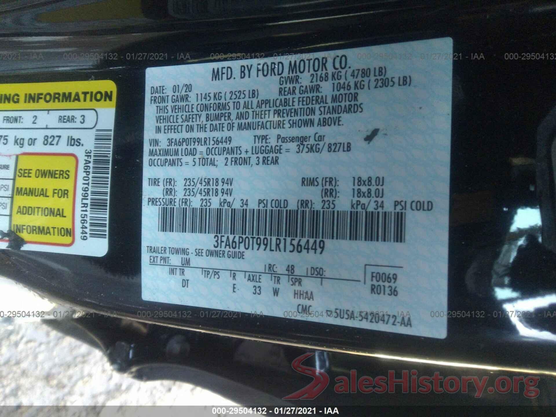 3FA6P0T99LR156449 2020 FORD FUSION