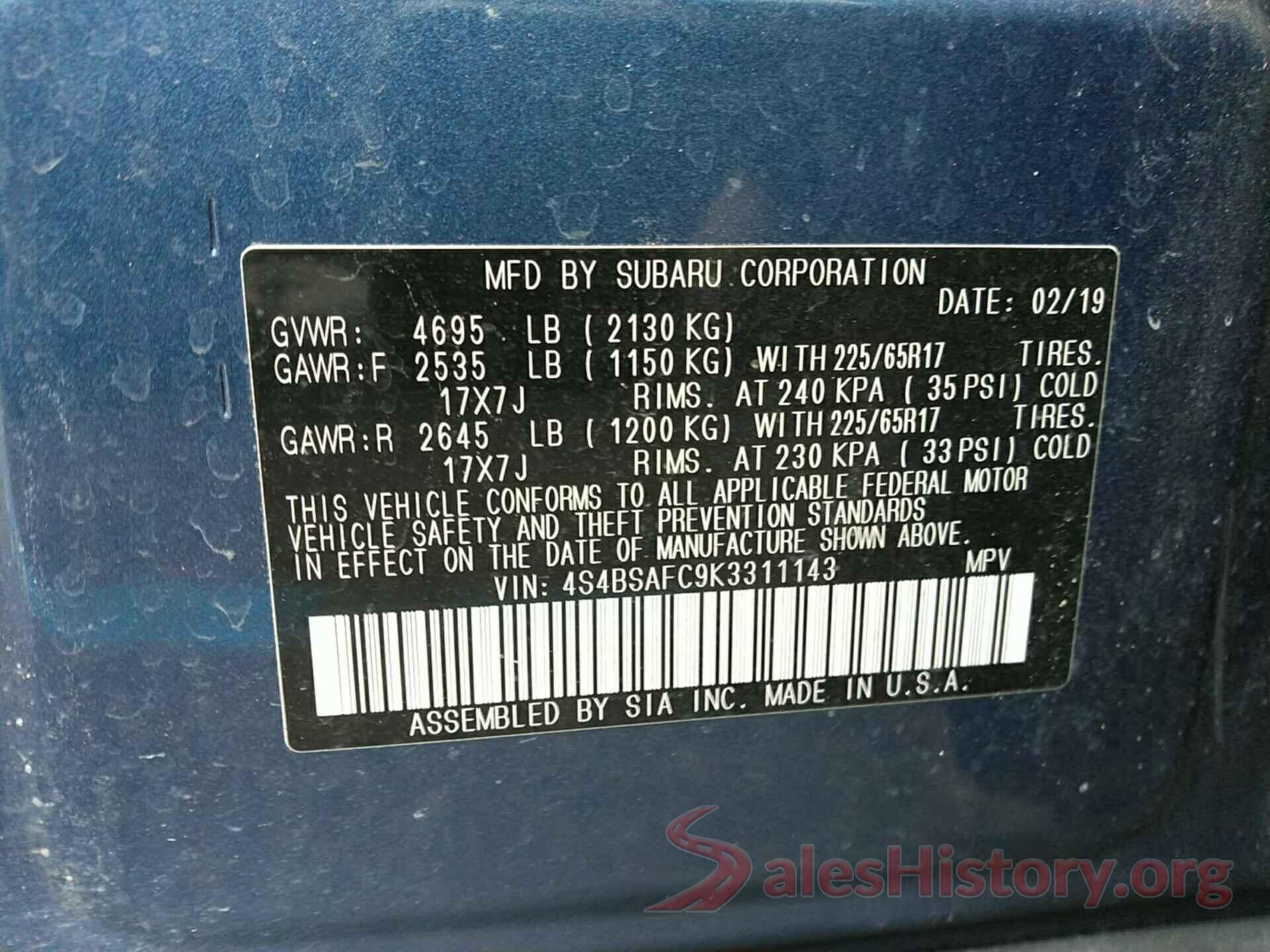 4S4BSAFC9K3311143 2019 SUBARU OUTBACK