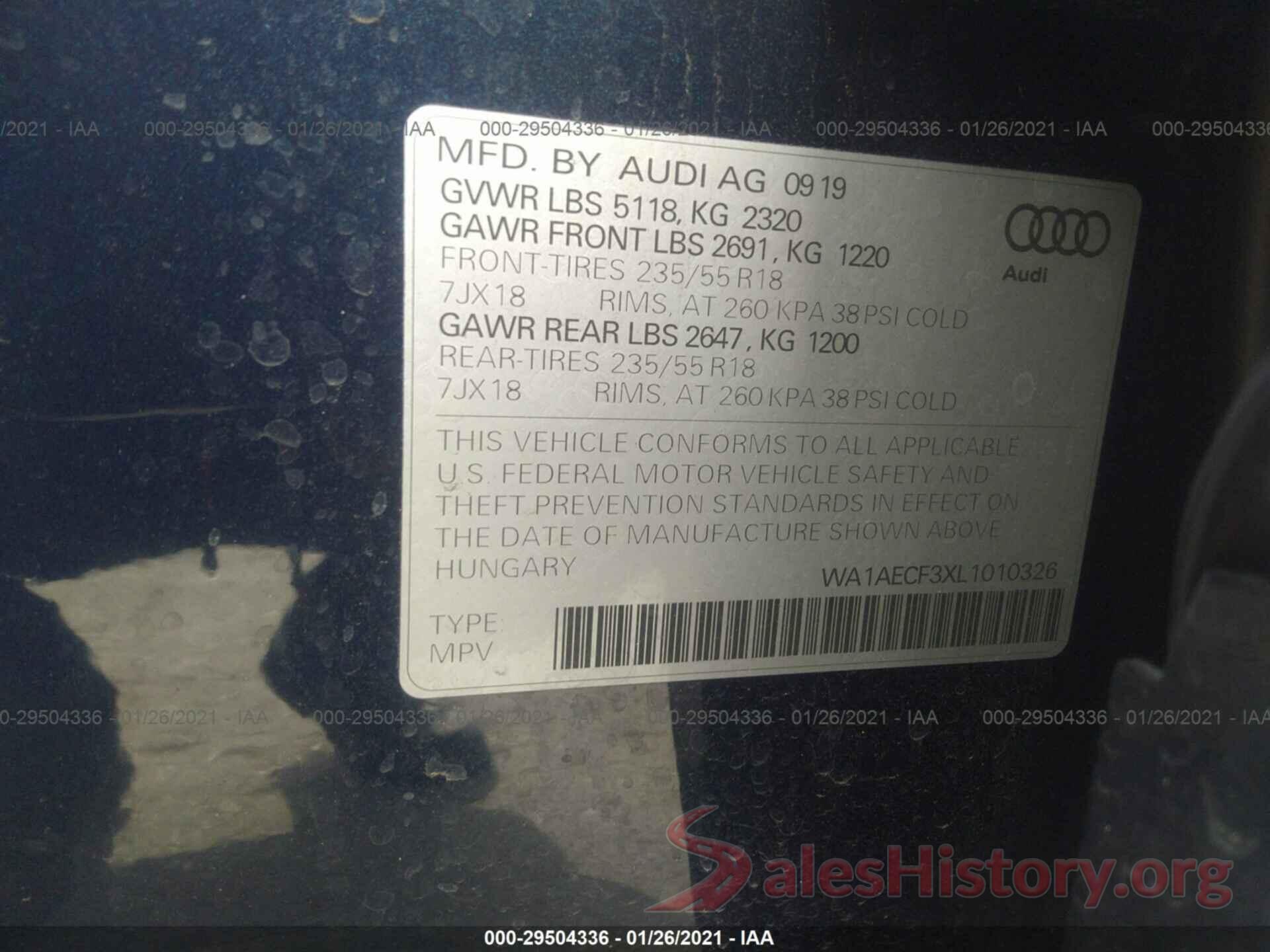 WA1AECF3XL1010326 2020 AUDI Q3