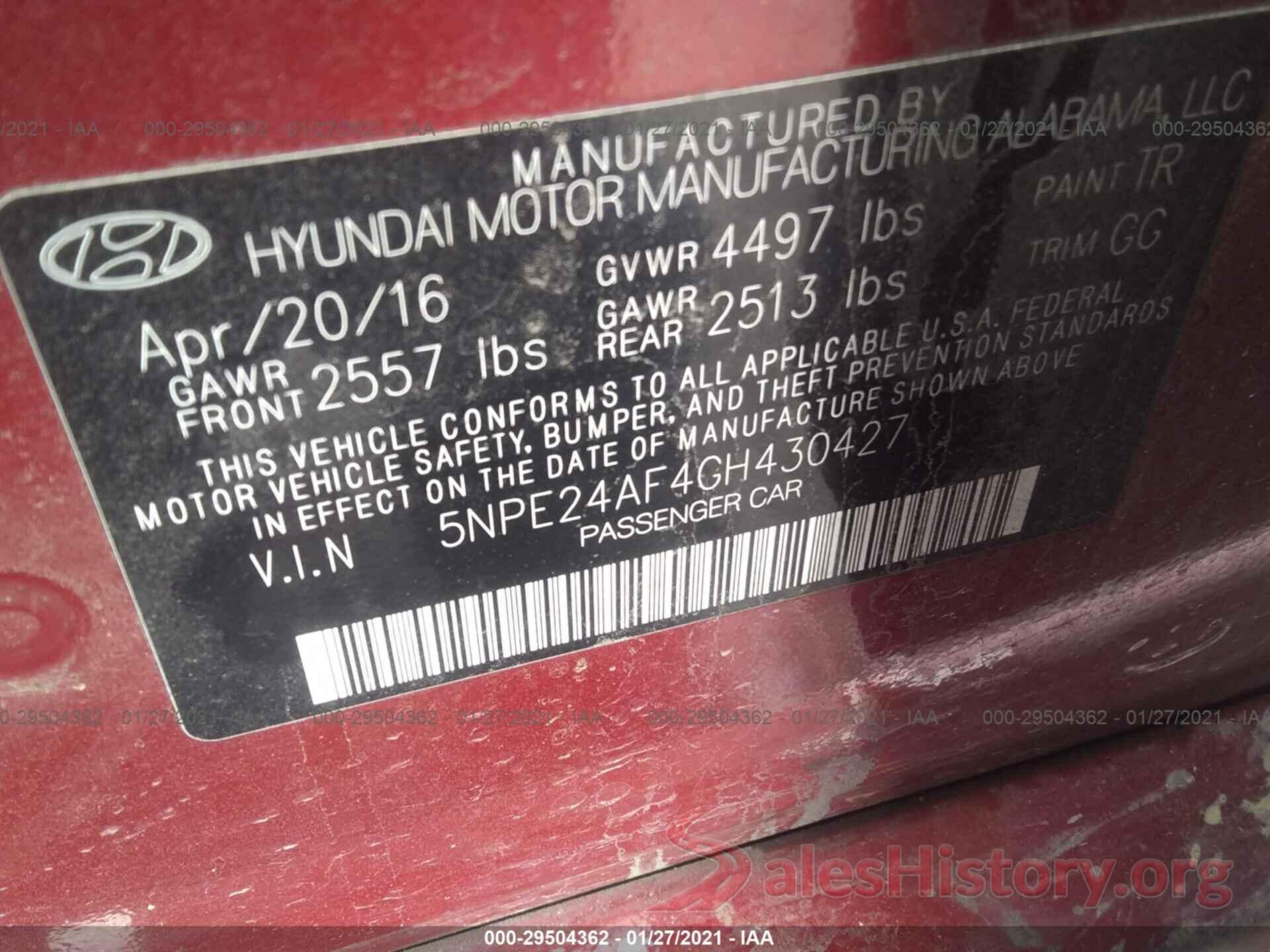 5NPE24AF4GH430427 2016 HYUNDAI SONATA