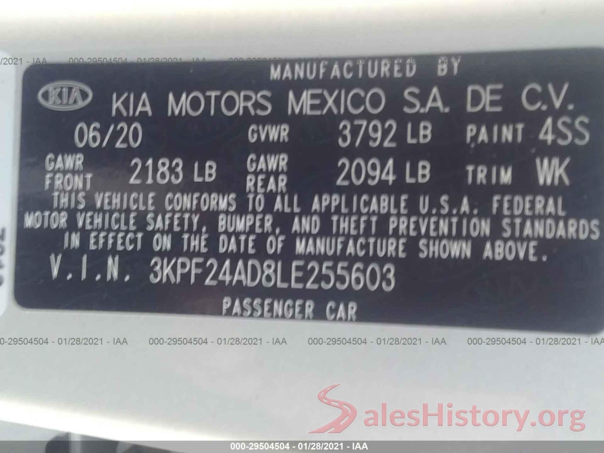 3KPF24AD8LE255603 2020 KIA FORTE