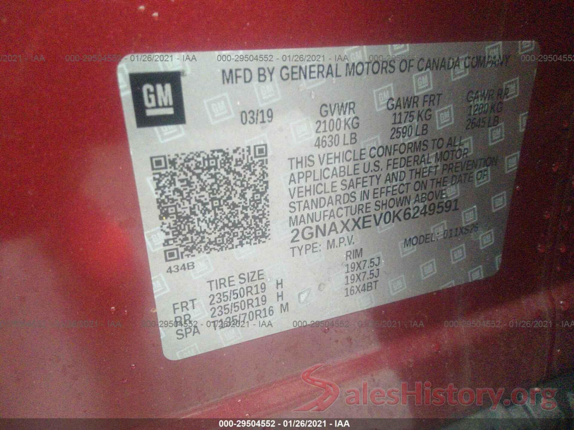 2GNAXXEV0K6249591 2019 CHEVROLET EQUINOX