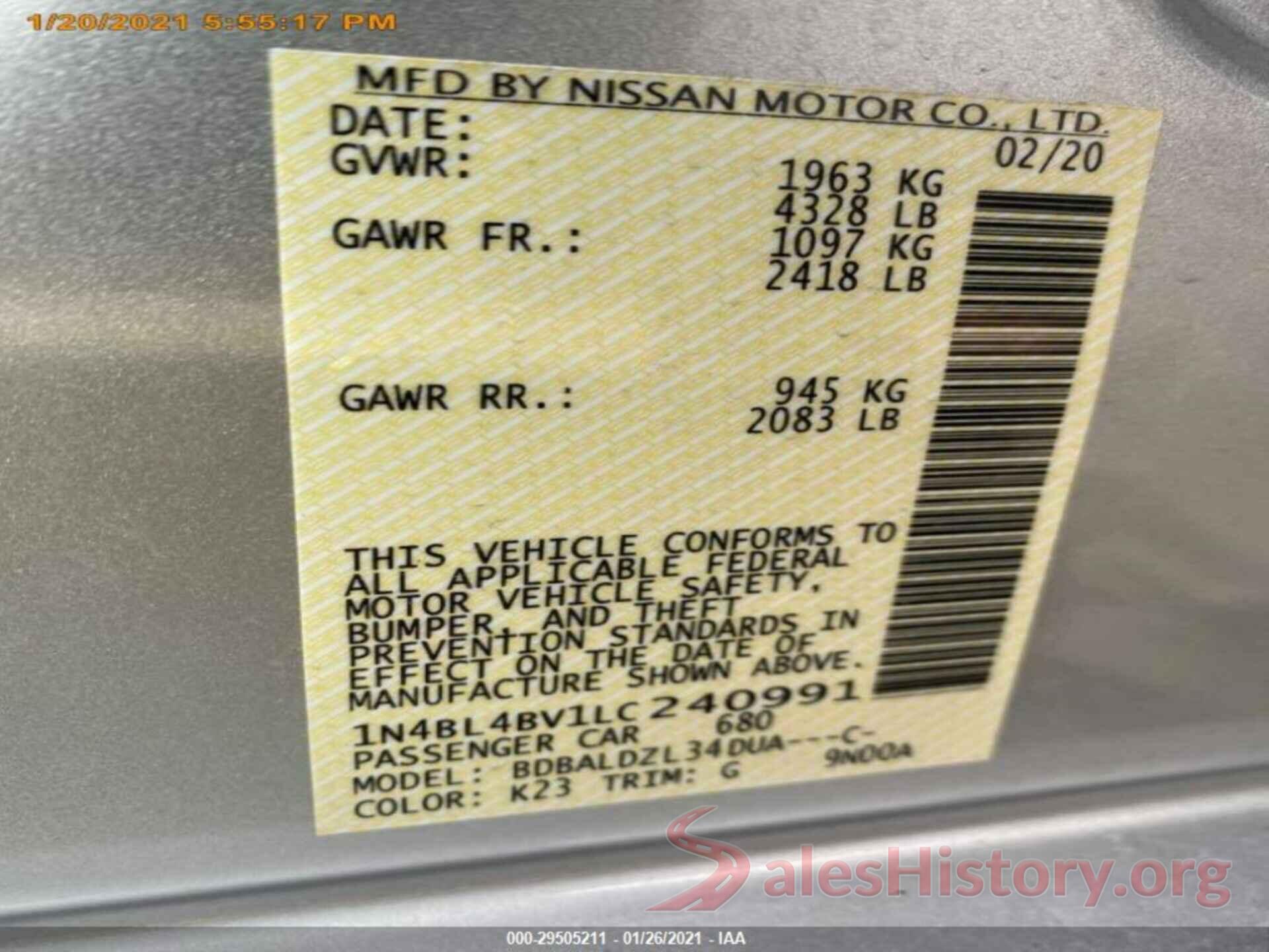 1N4BL4BV1LC240991 2020 NISSAN ALTIMA