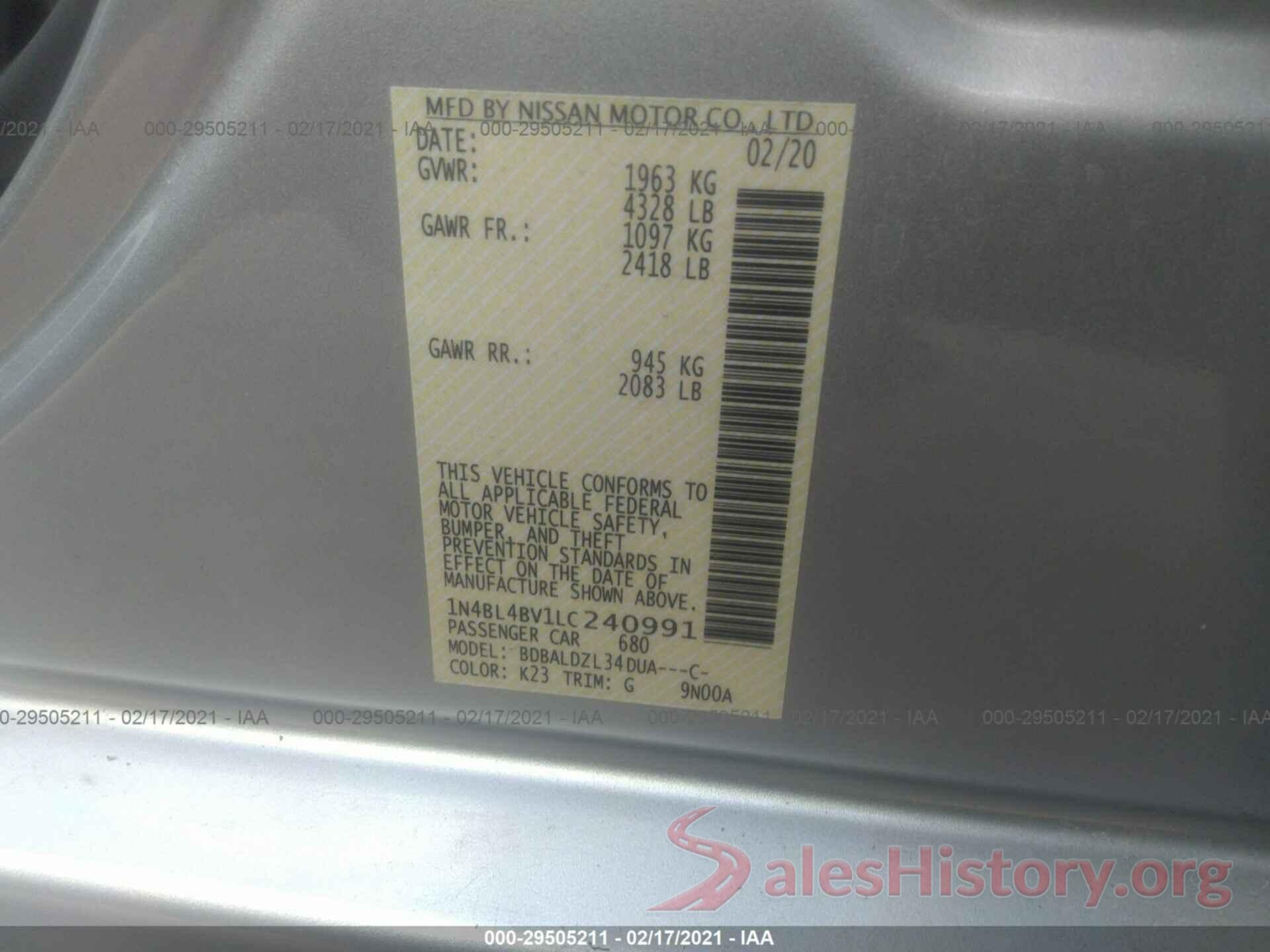 1N4BL4BV1LC240991 2020 NISSAN ALTIMA