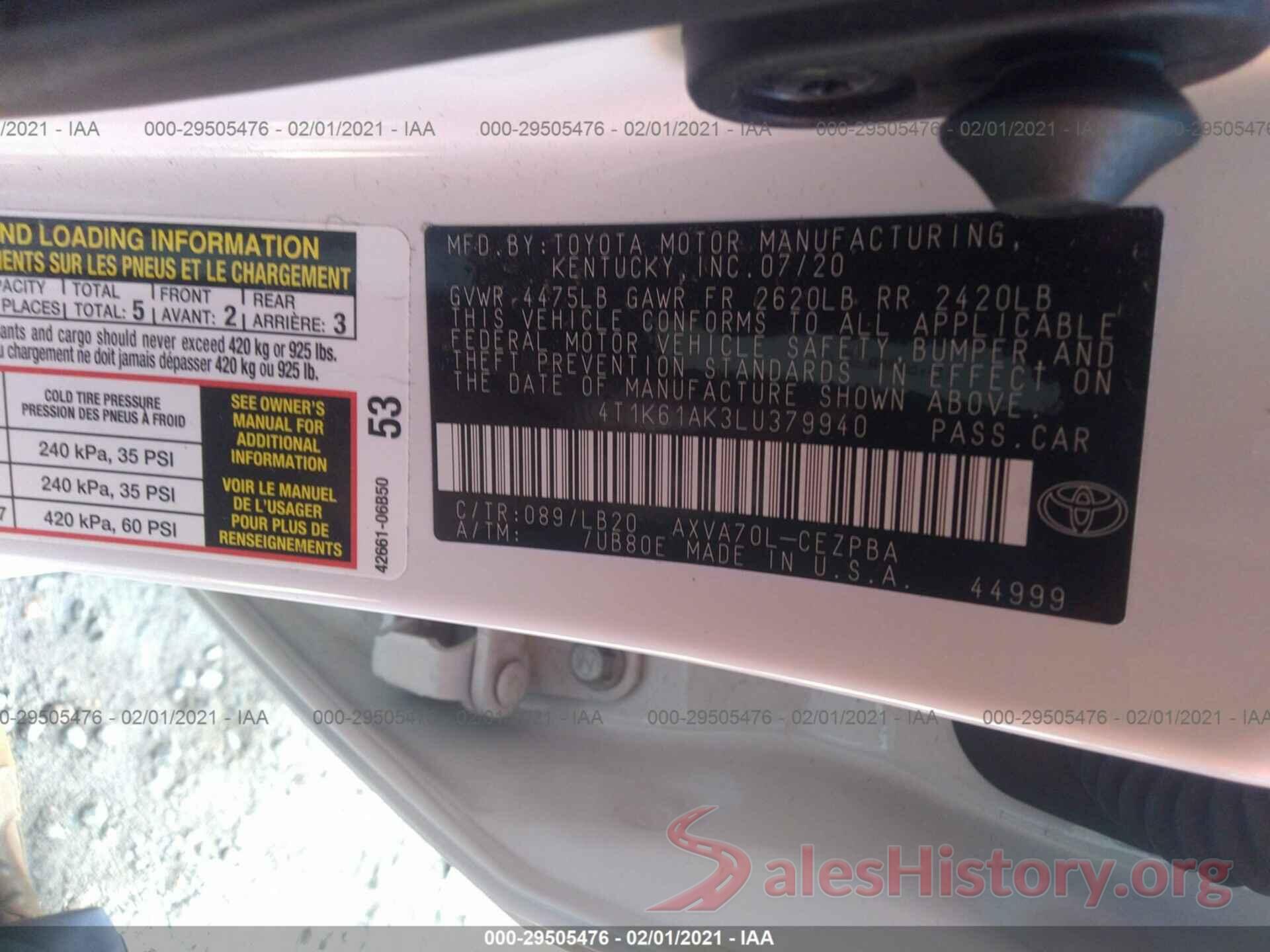 4T1K61AK3LU379940 2020 TOYOTA CAMRY