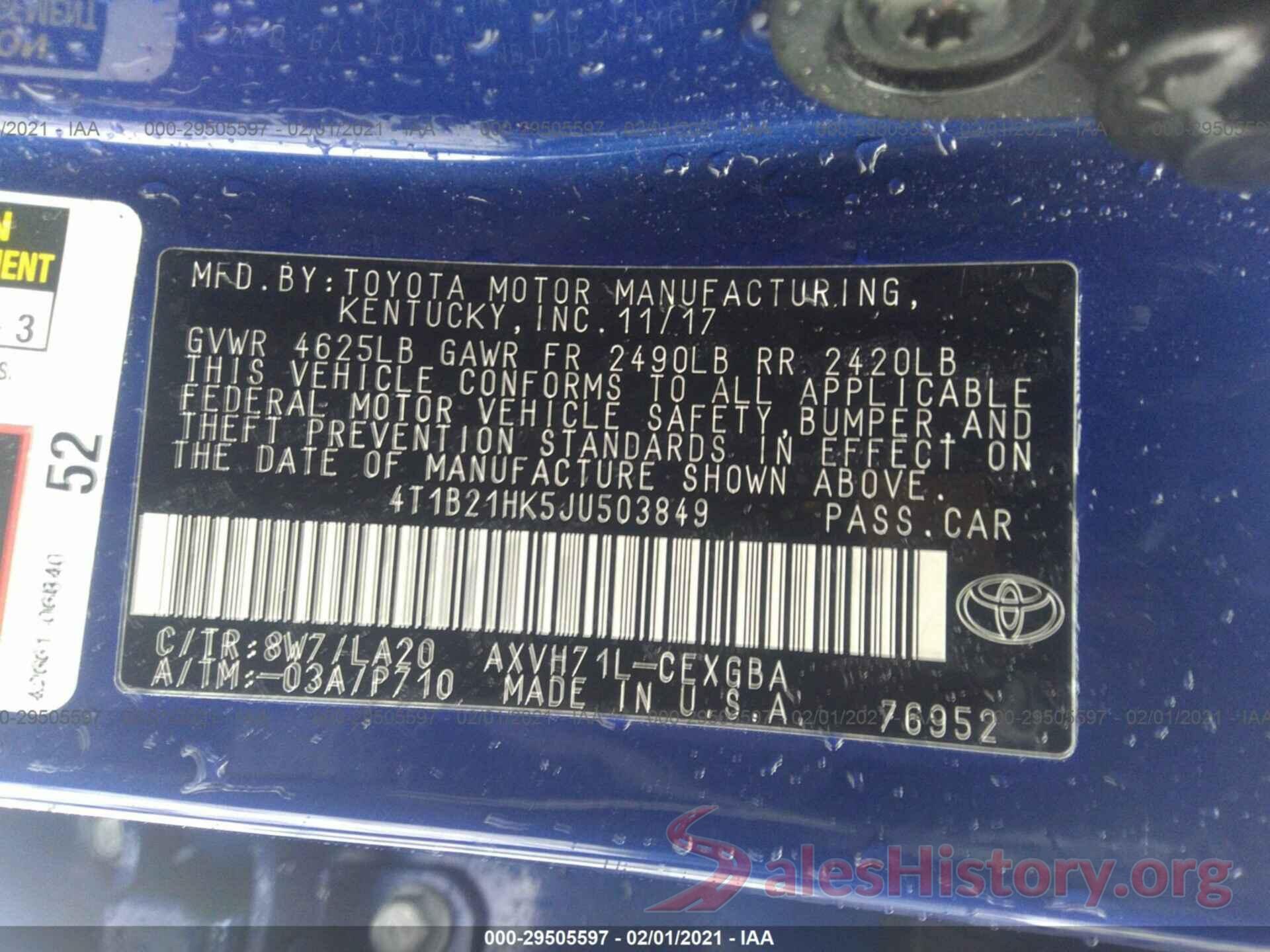 4T1B21HK5JU503849 2018 TOYOTA CAMRY