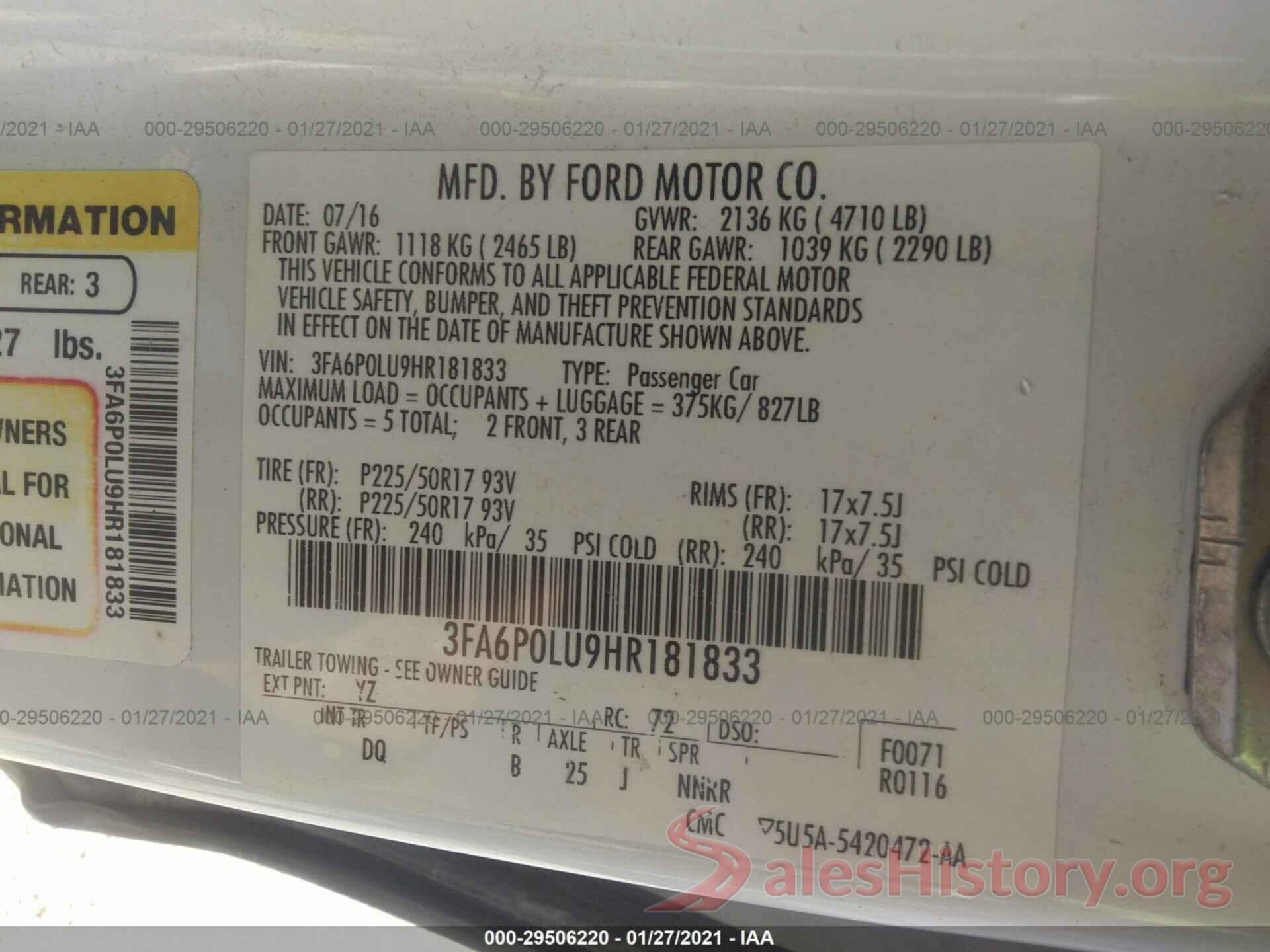 3FA6P0LU9HR181833 2017 FORD FUSION