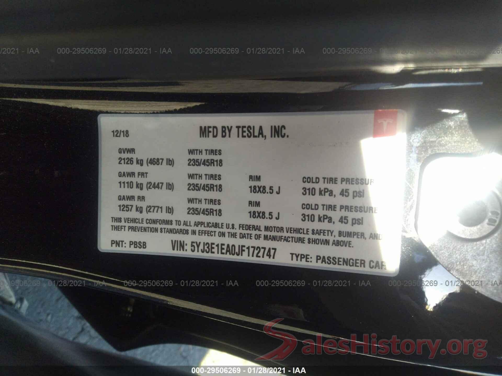 5YJ3E1EA0JF172747 2018 TESLA MODEL 3