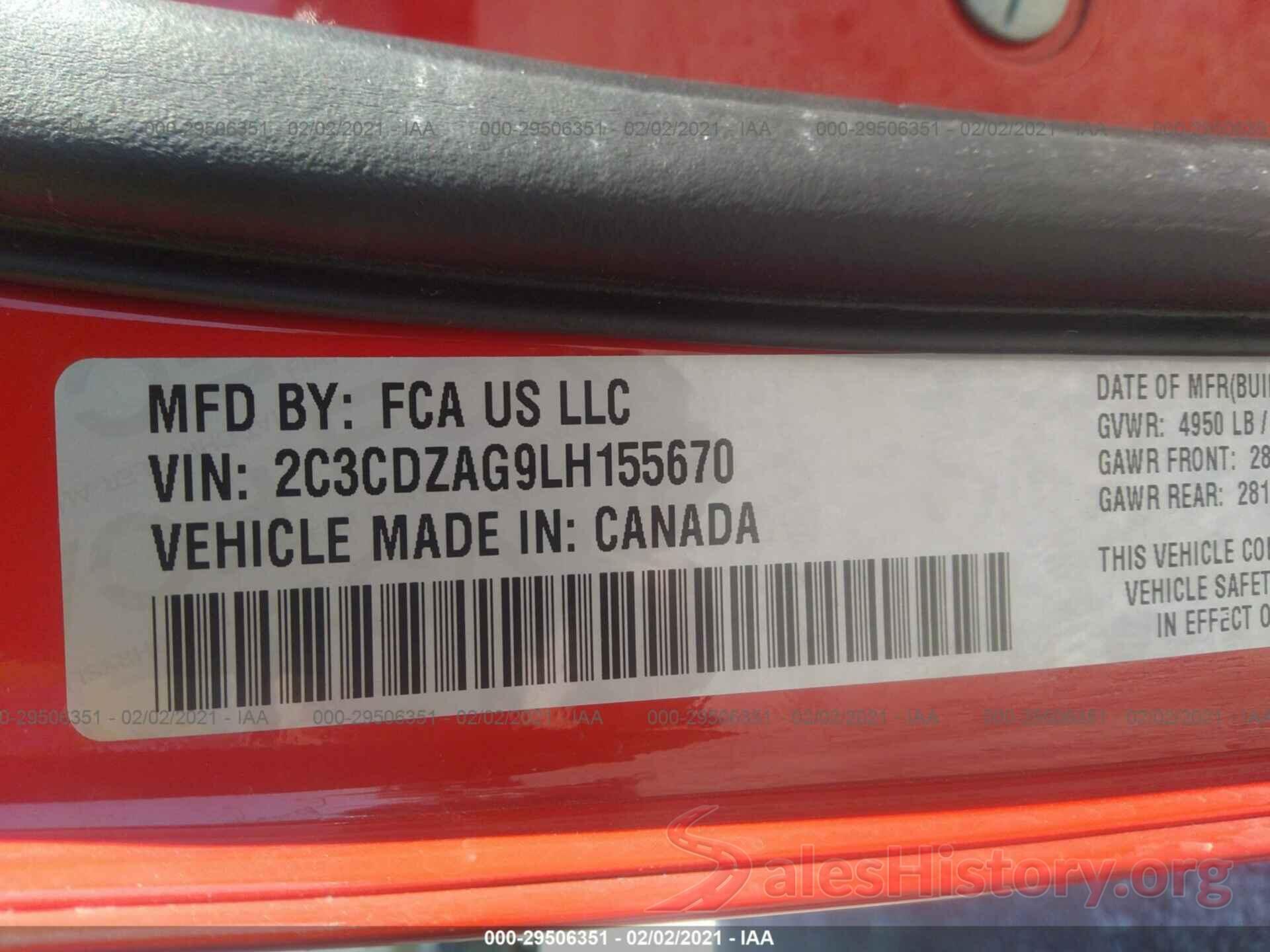 2C3CDZAG9LH155670 2020 DODGE CHALLENGER