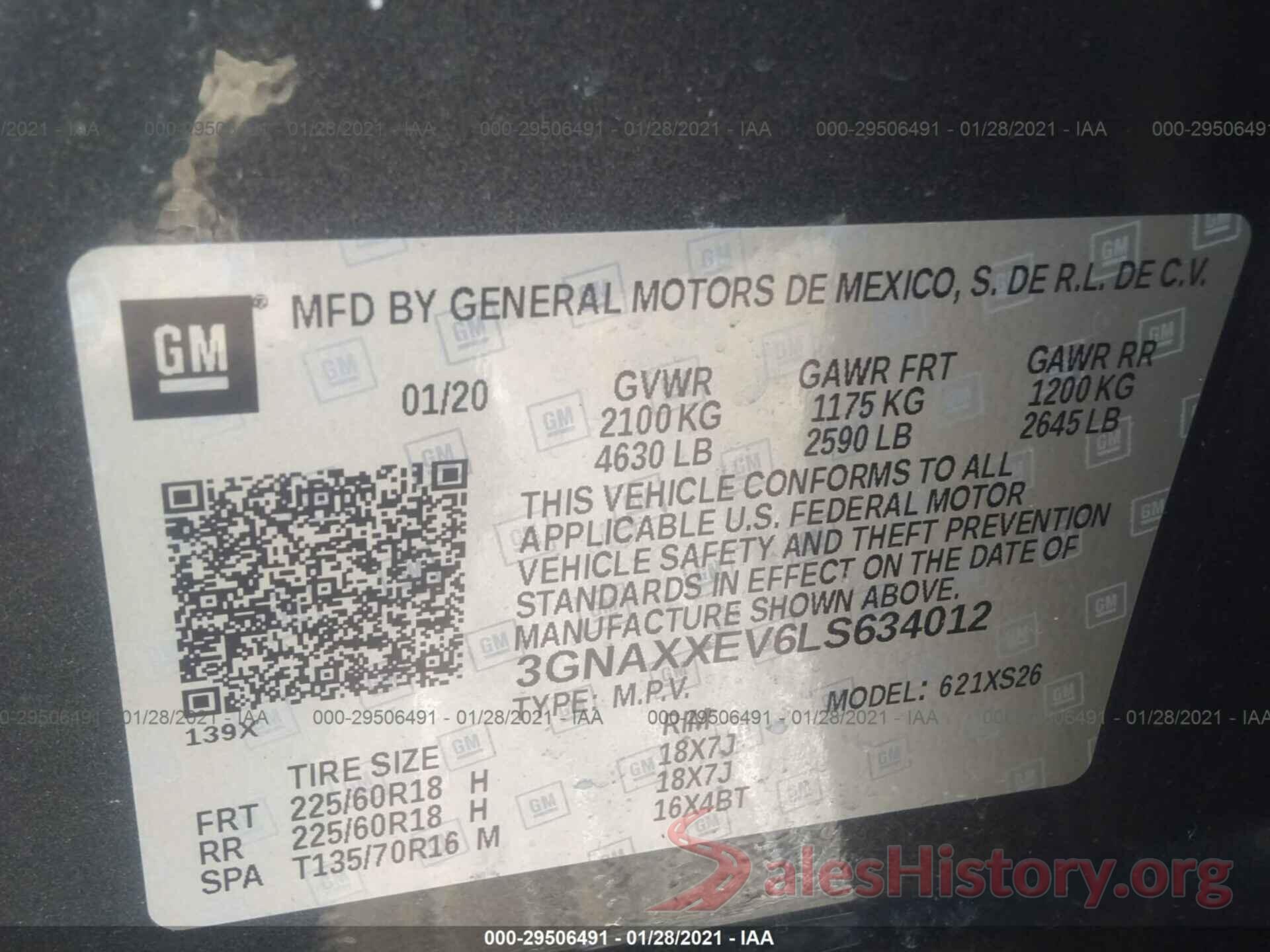 3GNAXXEV6LS634012 2020 CHEVROLET EQUINOX