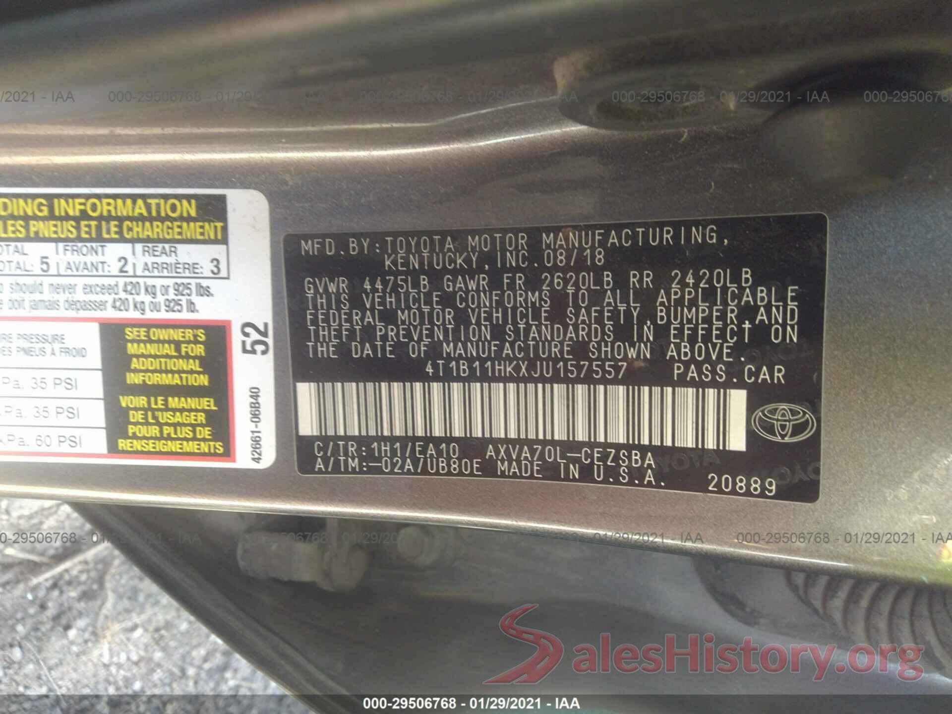 4T1B11HKXJU157557 2018 TOYOTA CAMRY