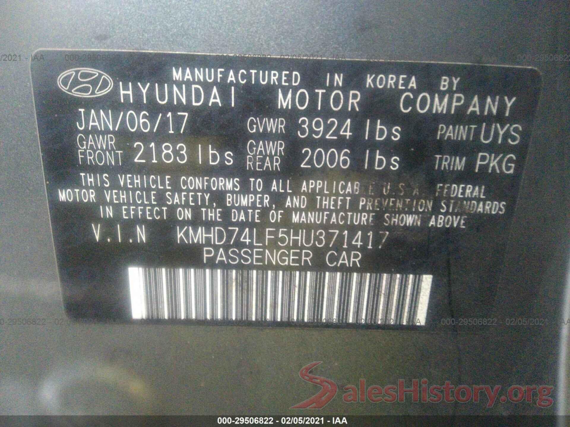 KMHD74LF5HU371417 2017 HYUNDAI ELANTRA