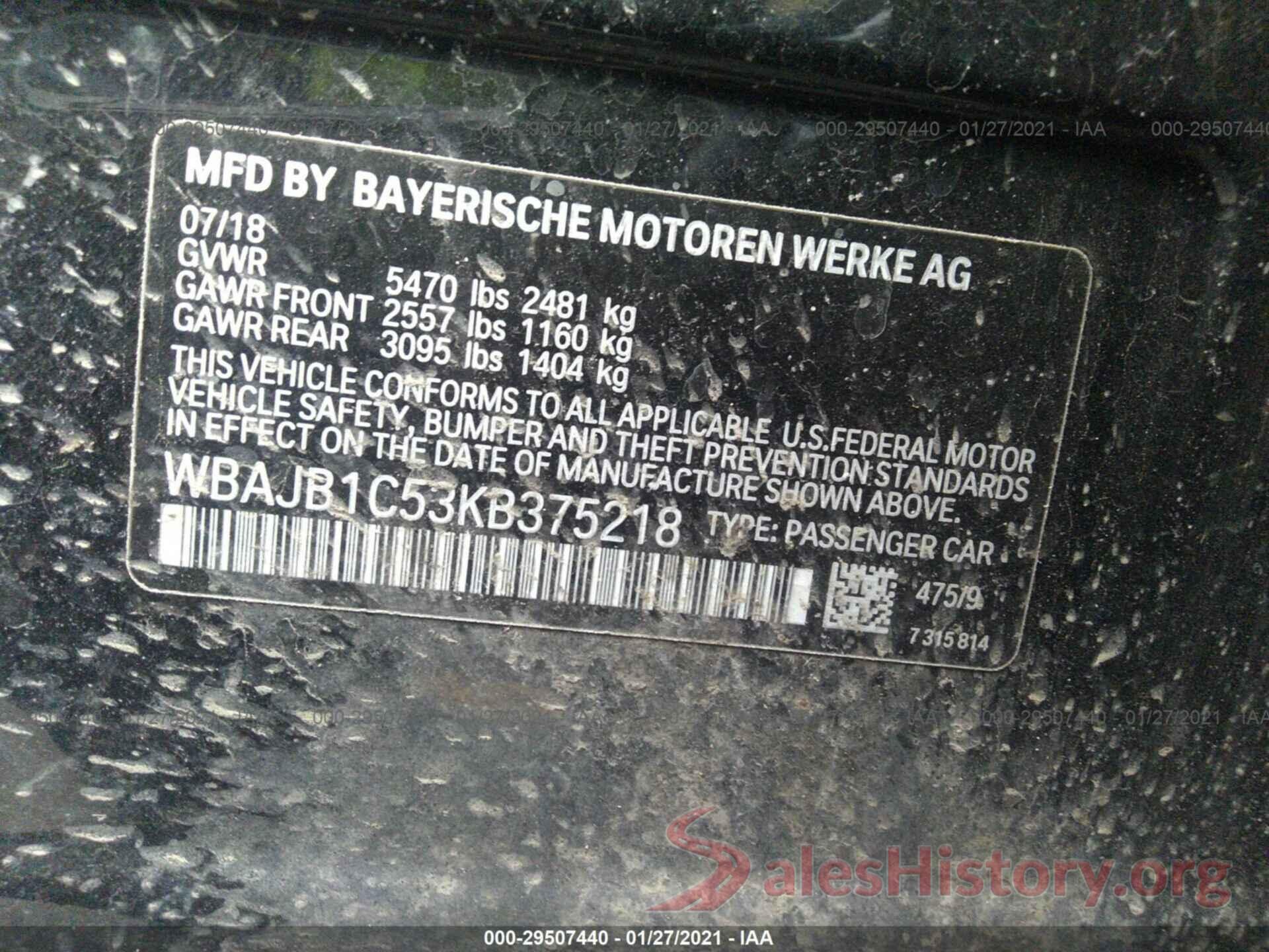 WBAJB1C53KB375218 2019 BMW 5 SERIES