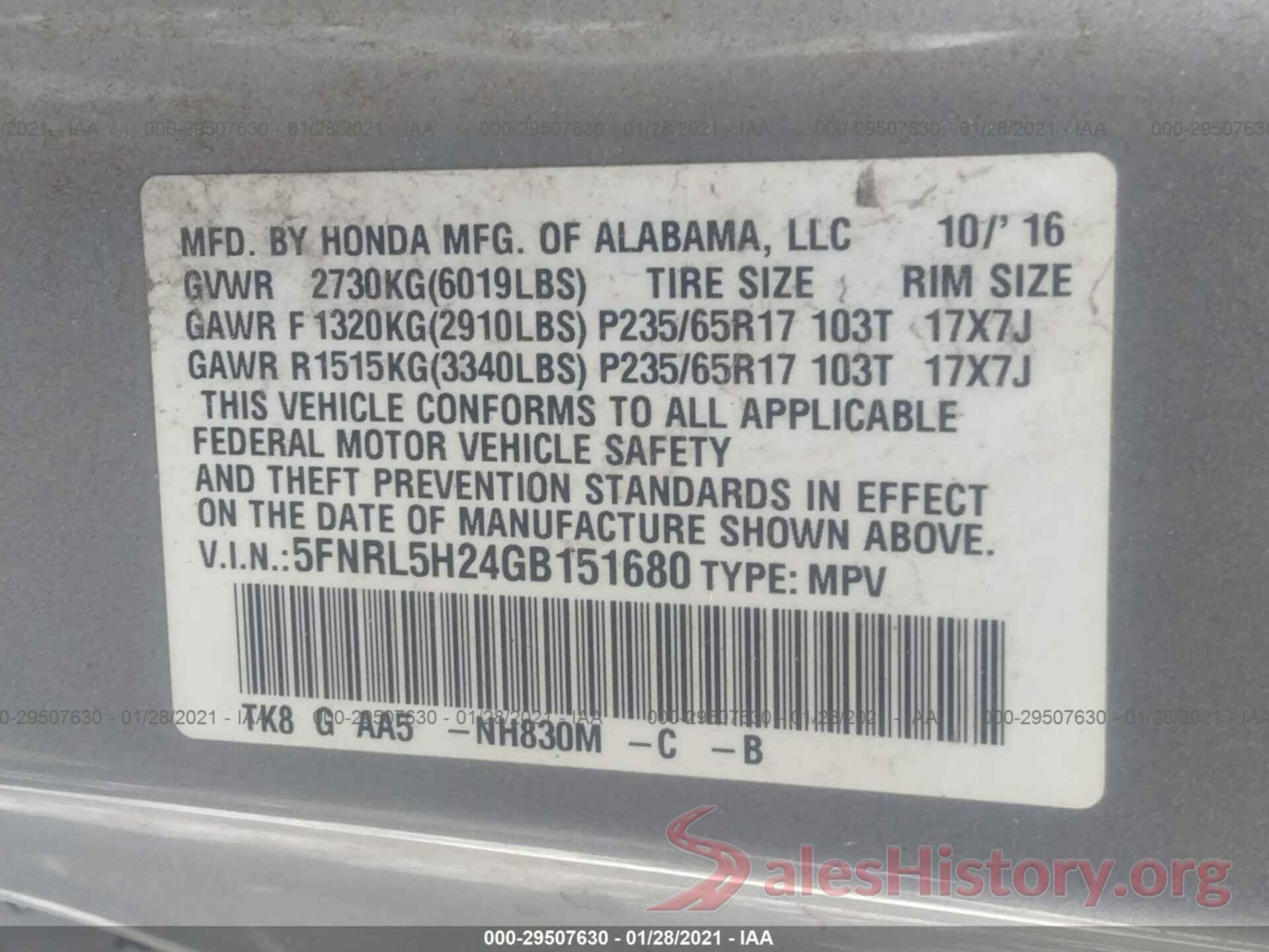 5FNRL5H24GB151680 2016 HONDA ODYSSEY