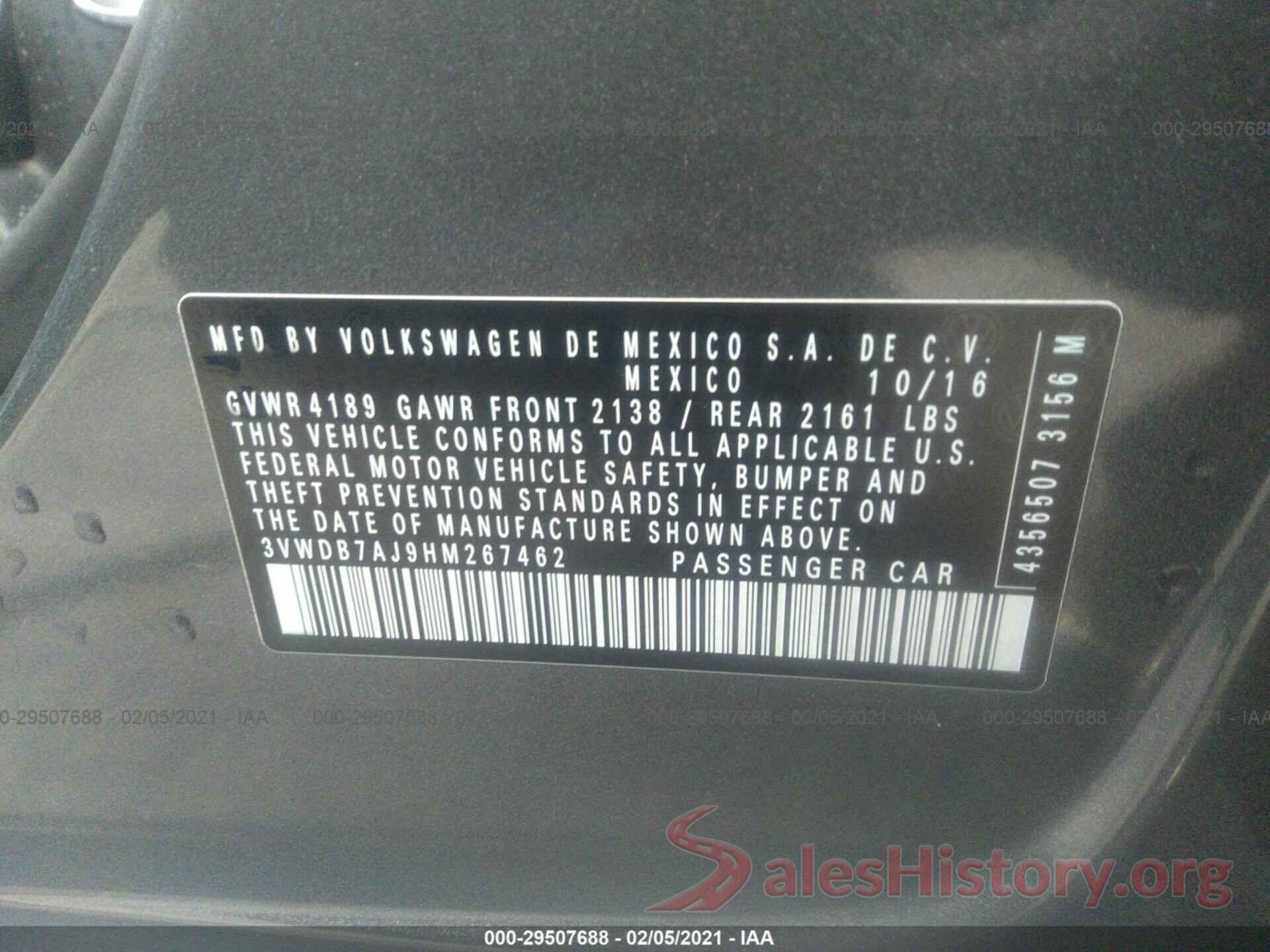 3VWDB7AJ9HM267462 2017 VOLKSWAGEN JETTA