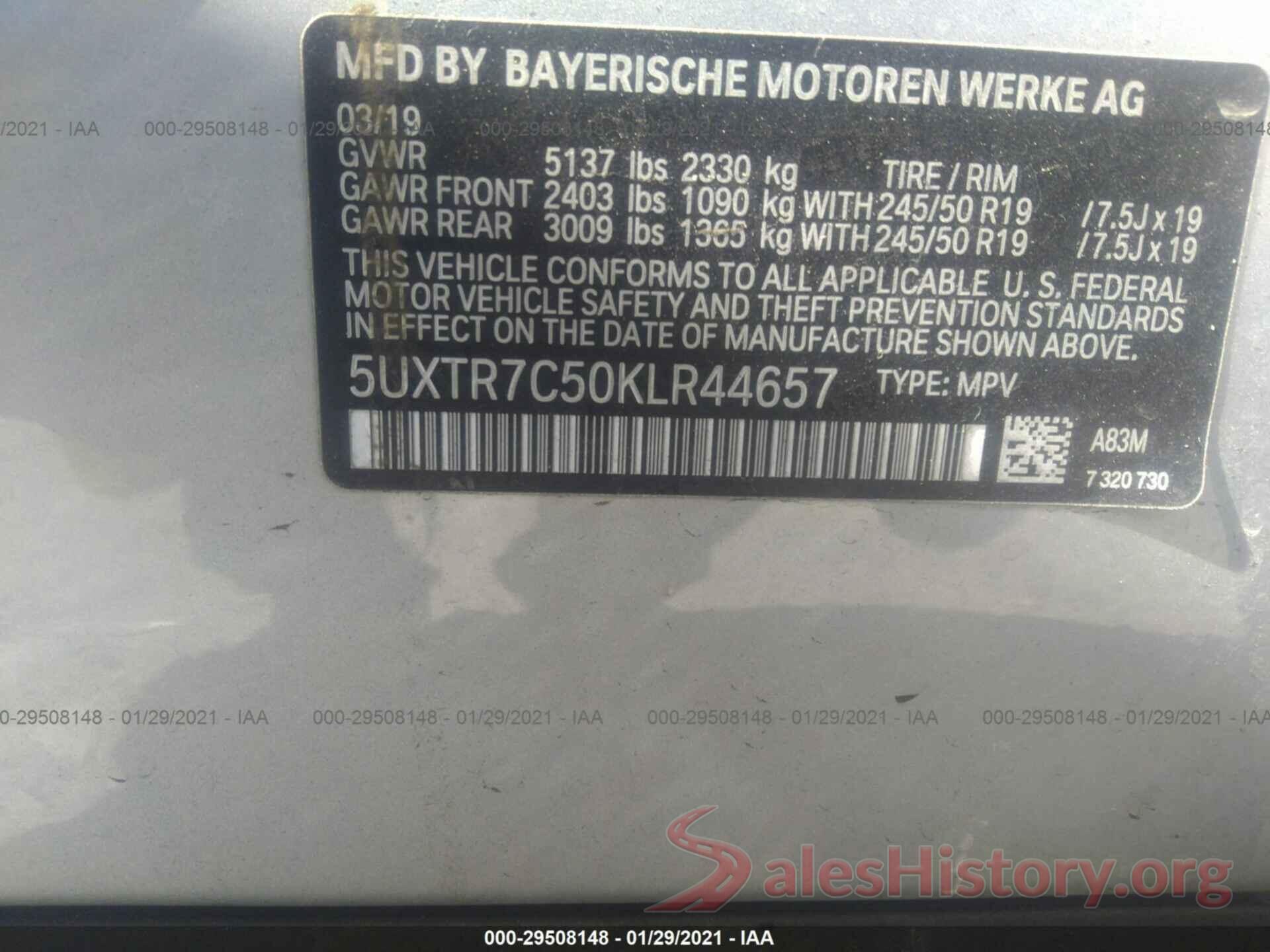 5UXTR7C50KLR44657 2019 BMW X3