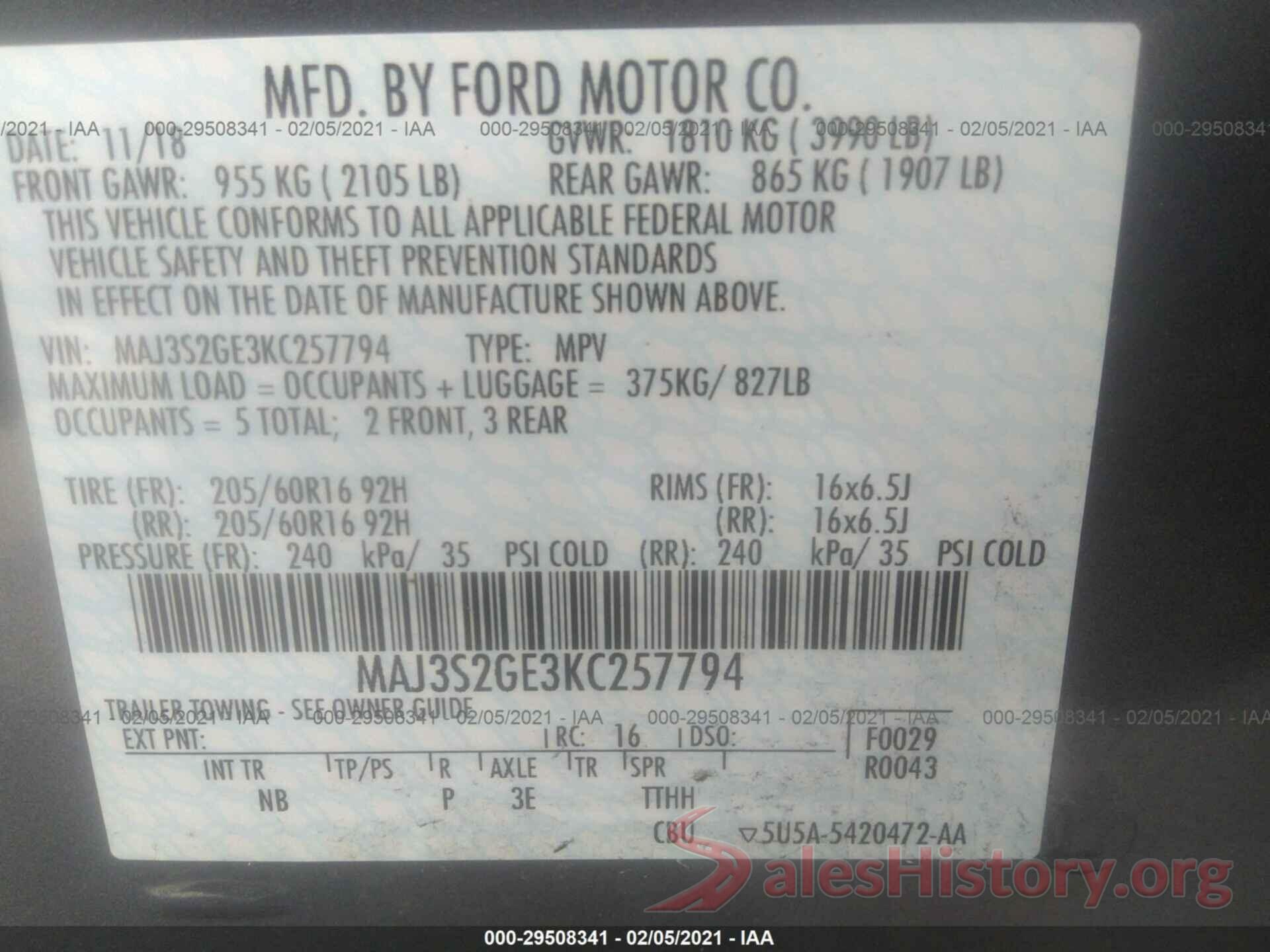 MAJ3S2GE3KC257794 2019 FORD ECOSPORT