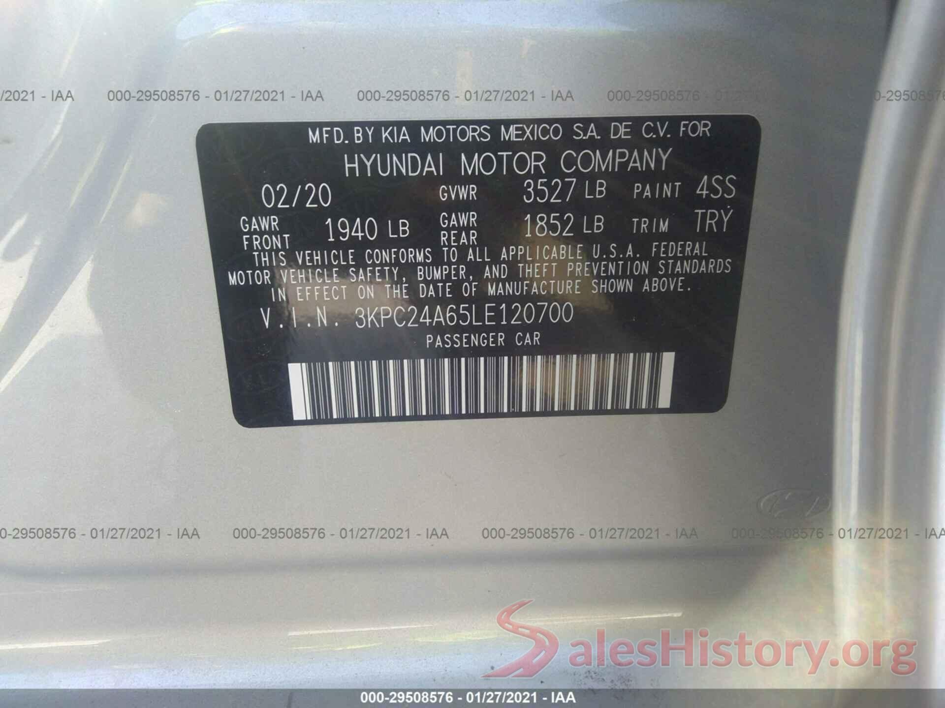 3KPC24A65LE120700 2020 HYUNDAI ACCENT