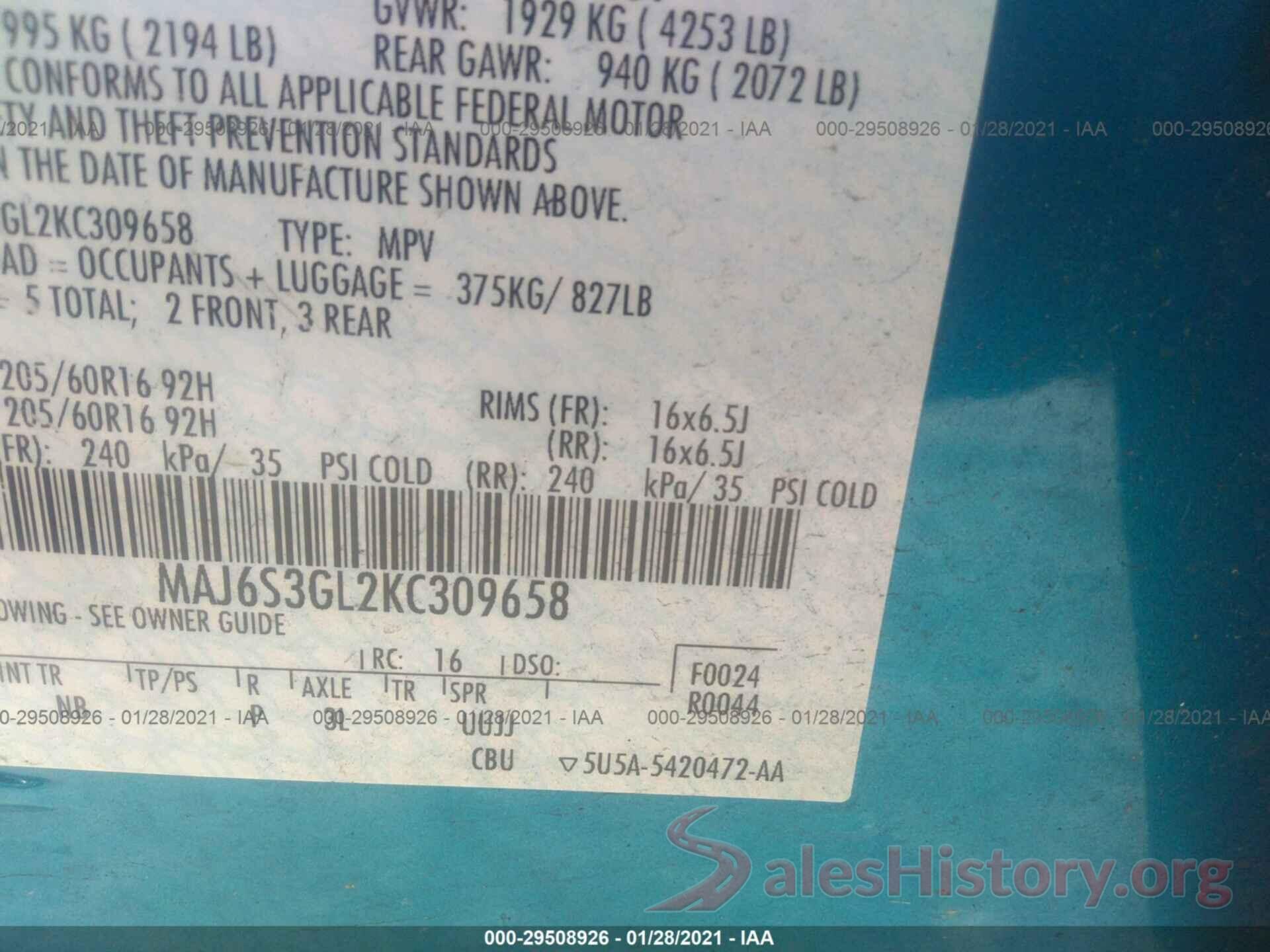 MAJ6S3GL2KC309658 2019 FORD ECOSPORT