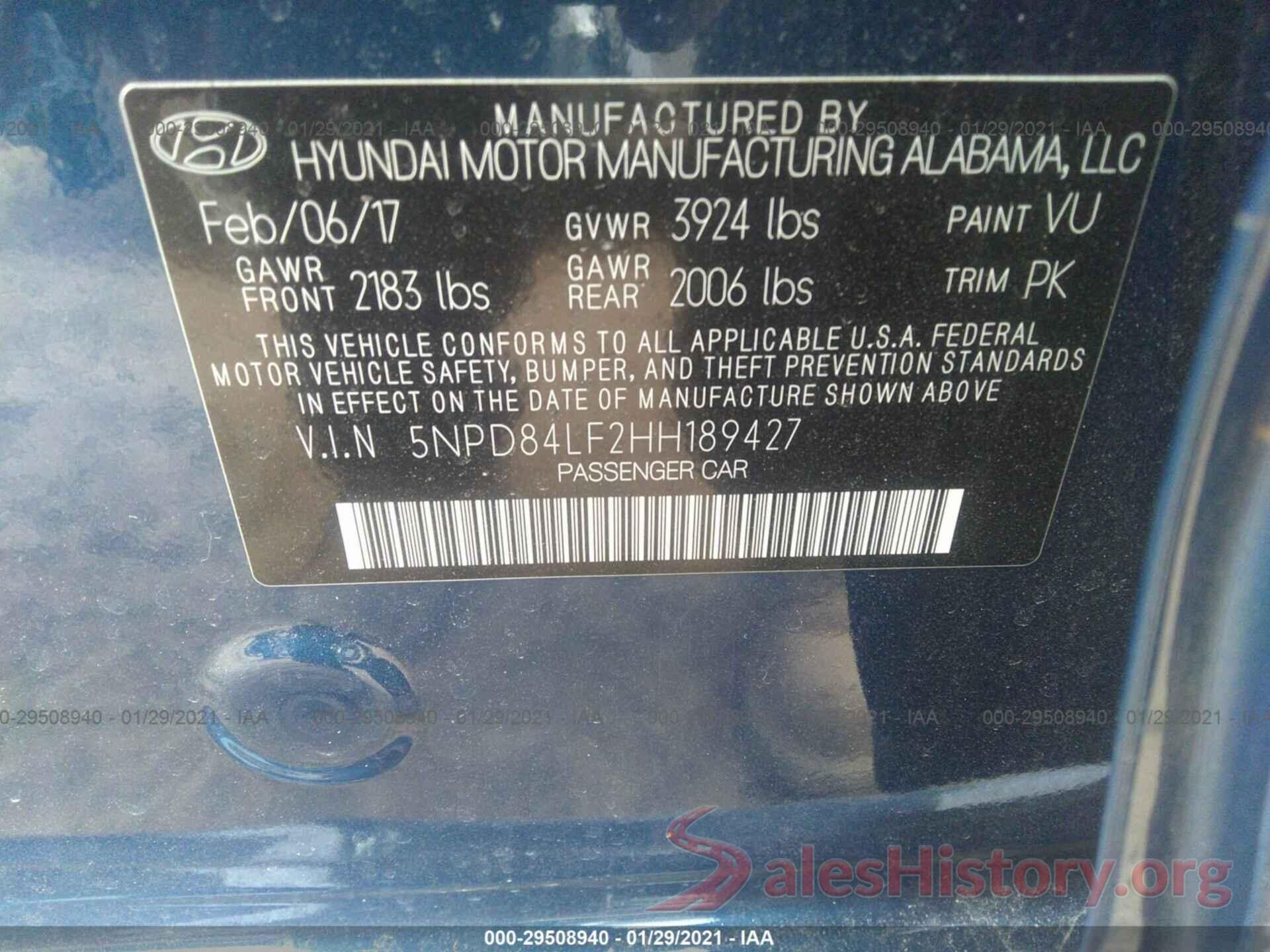 5NPD84LF2HH189427 2017 HYUNDAI ELANTRA