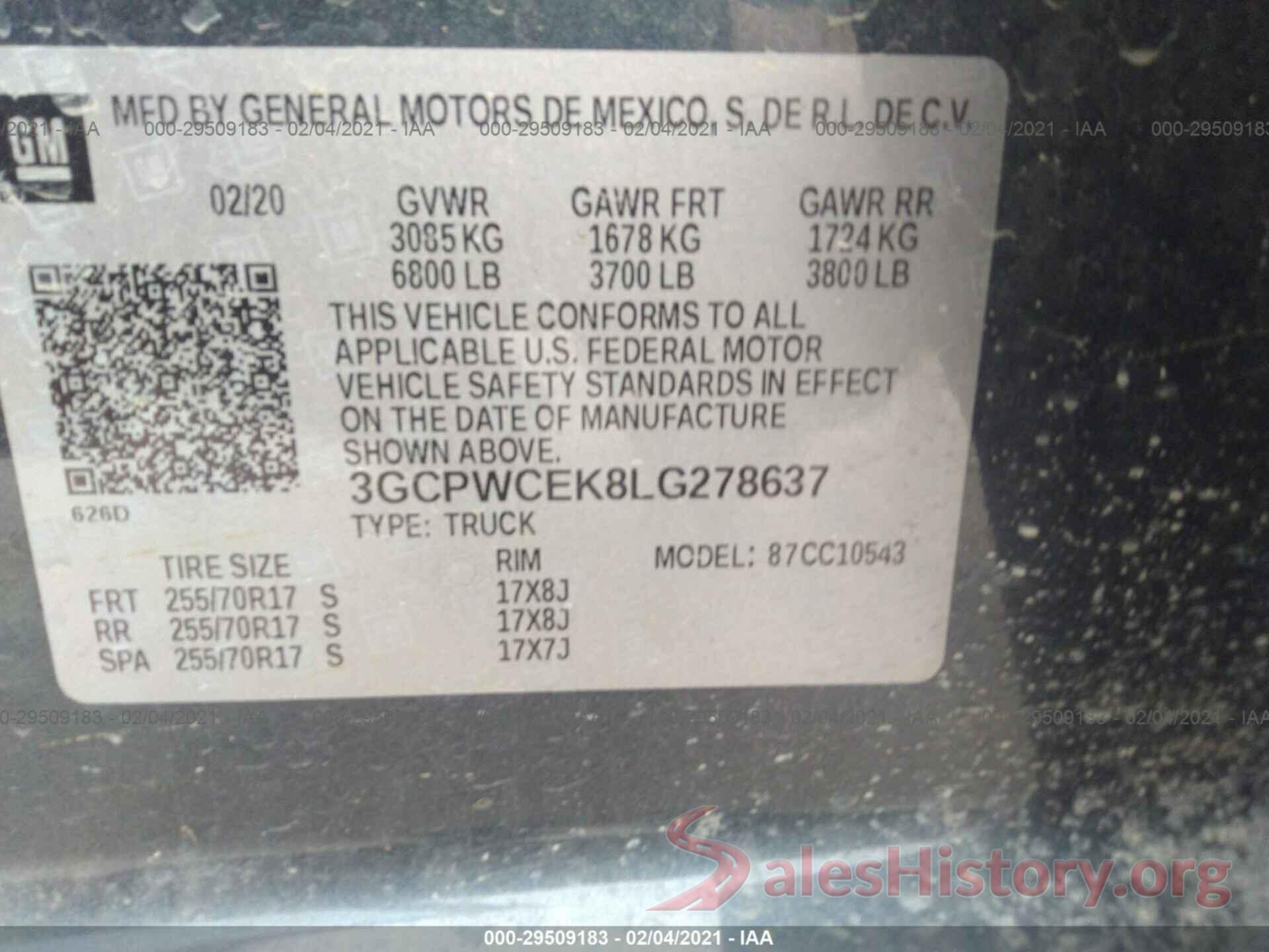 3GCPWCEK8LG278637 2020 CHEVROLET SILVERADO 1500