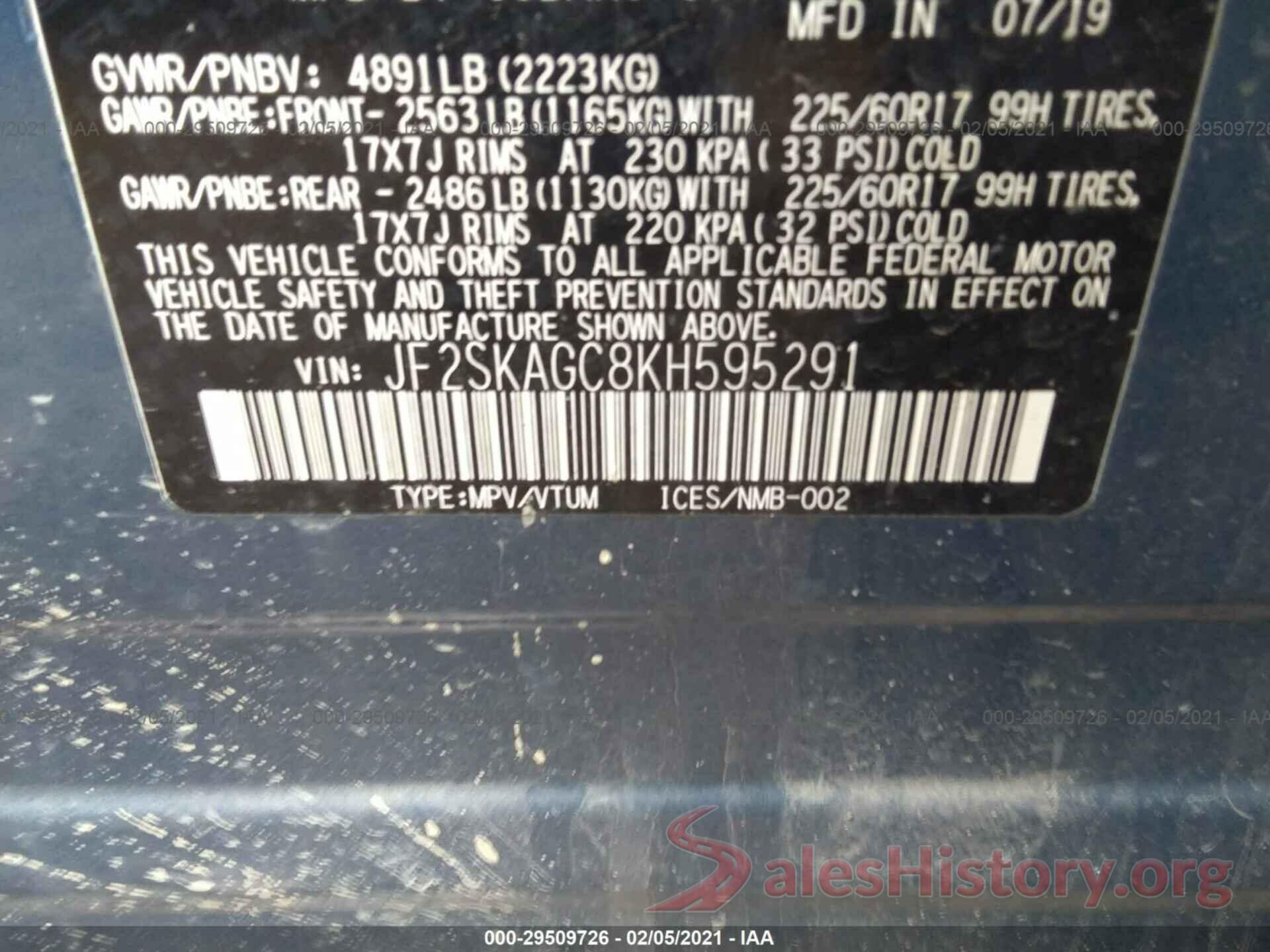 JF2SKAGC8KH595291 2019 SUBARU FORESTER